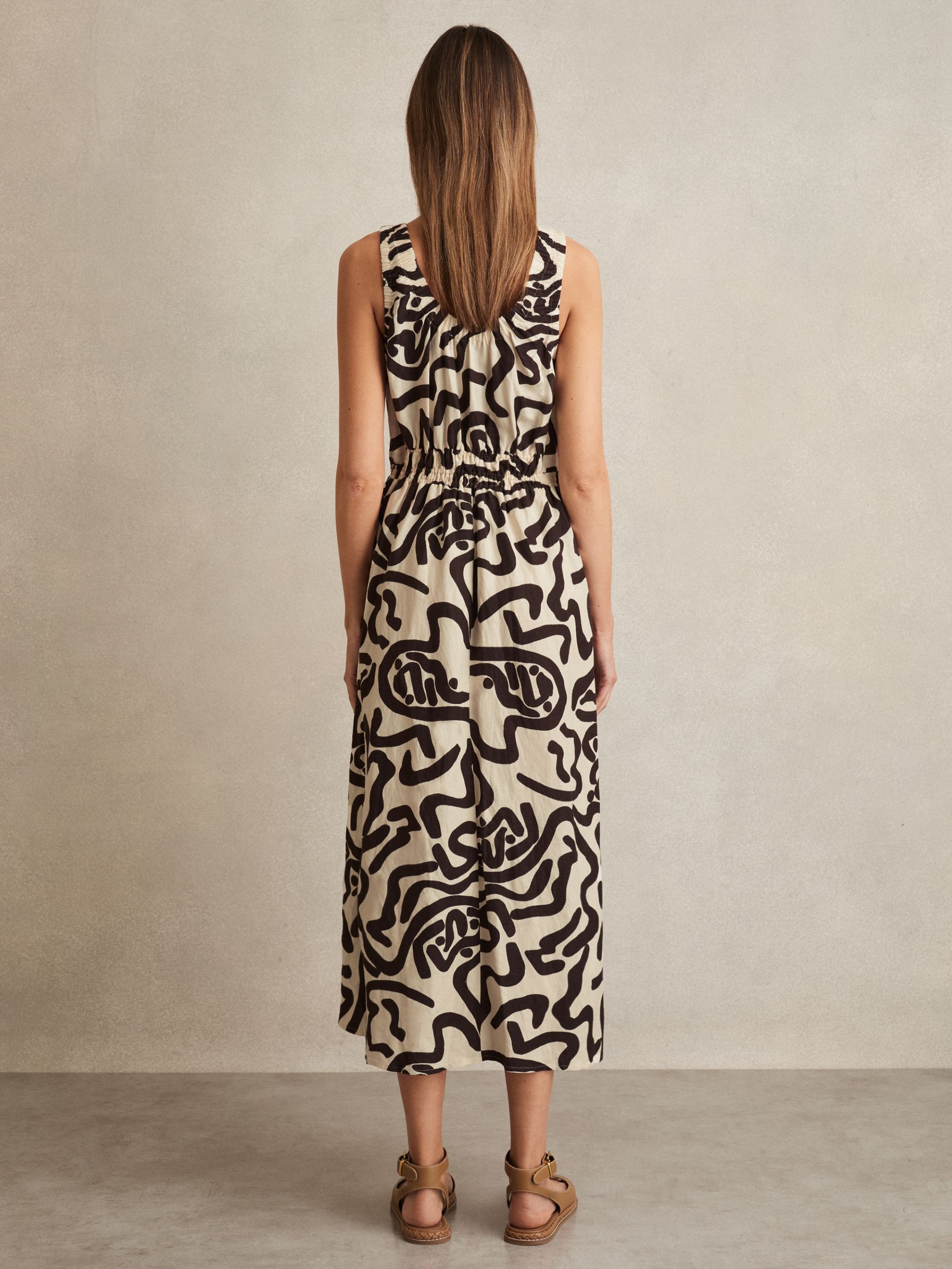Linen-Blend Printed Shirred Midi Dress in Brown/Ivory - image 4