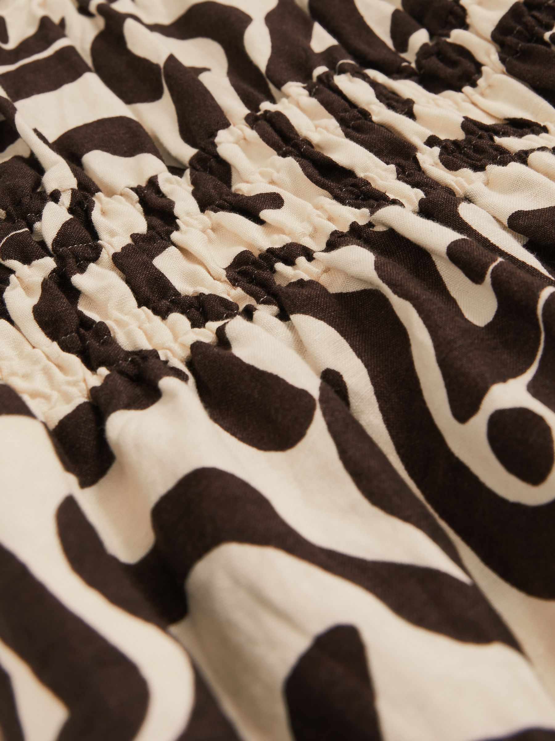 Linen-Blend Printed Shirred Midi Dress in Brown/Ivory - image 5