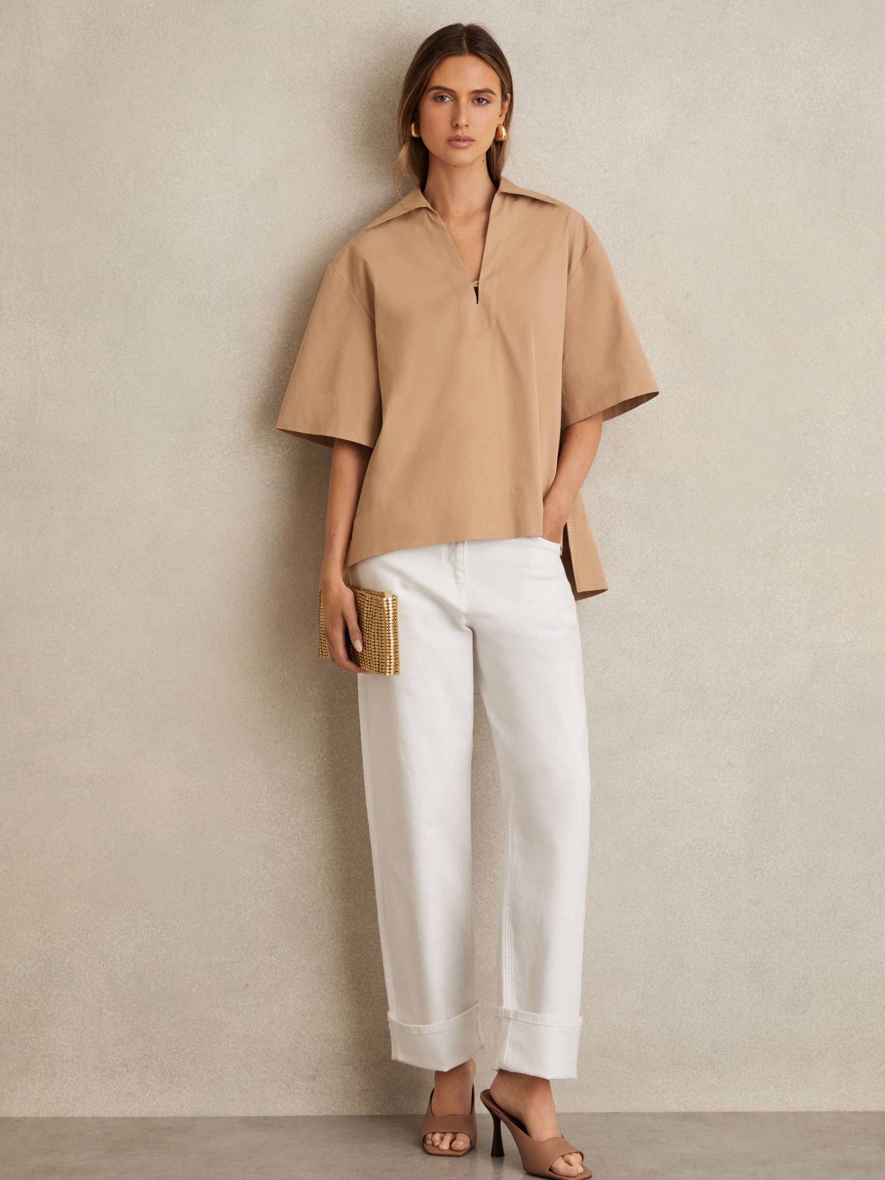 Cotton Blend Craft Stitch Collared Top in Camel - Image 1 of 6 Cotton Blend Craft Stitch Collared Top in Camel - Image 1 of 6