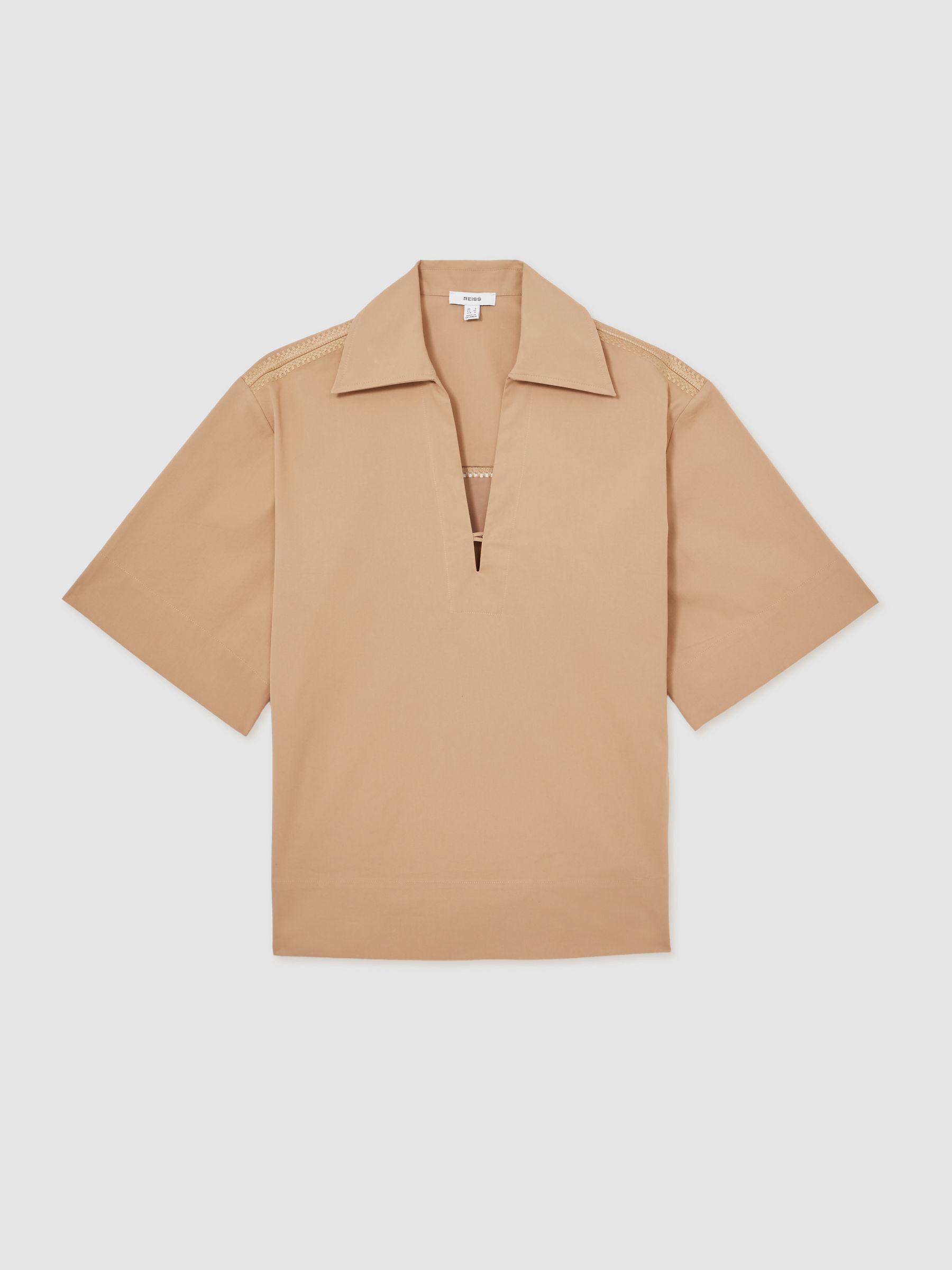 Cotton Blend Craft Stitch Collared Top in Camel