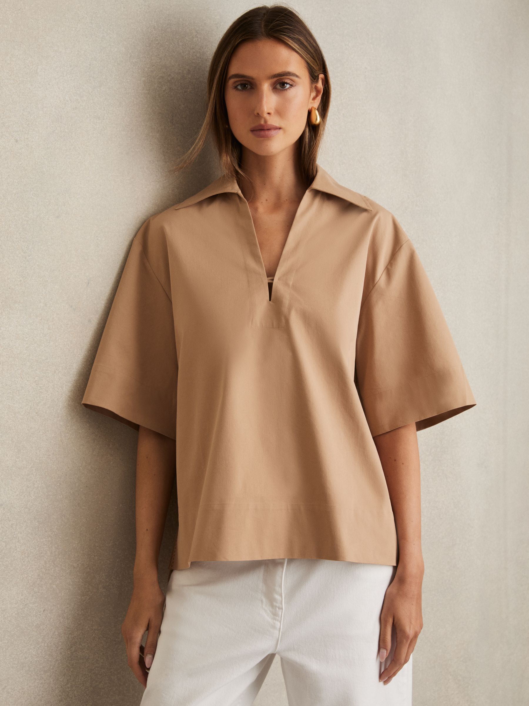 Cotton Blend Craft Stitch Collared Top in Camel - image 3