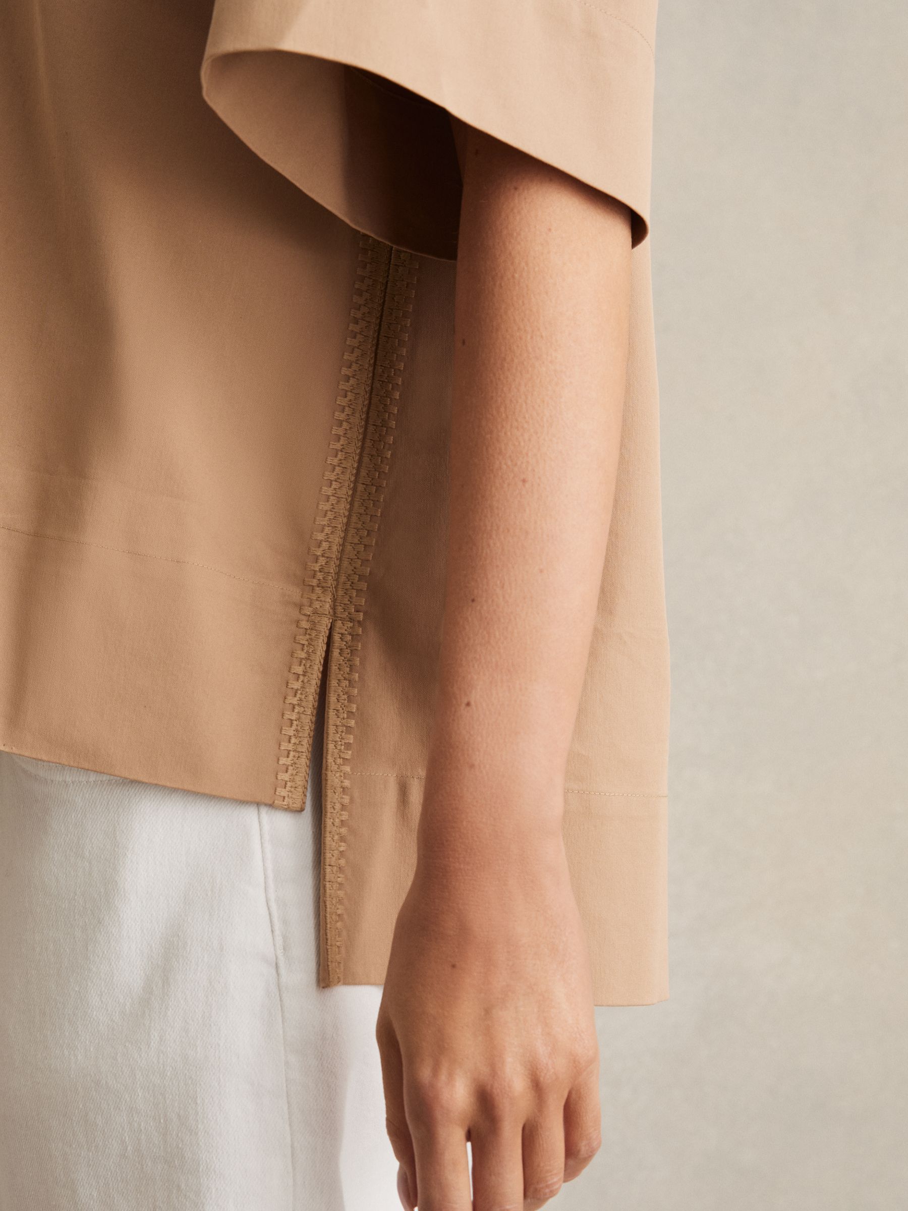 Cotton Blend Craft Stitch Collared Top in Camel - image 4