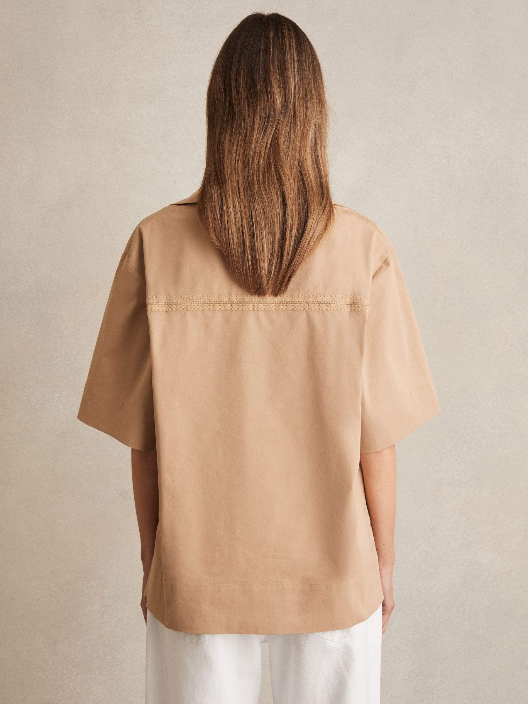 Cotton Blend Craft Stitch Collared Top in Camel - Image 5 of 6