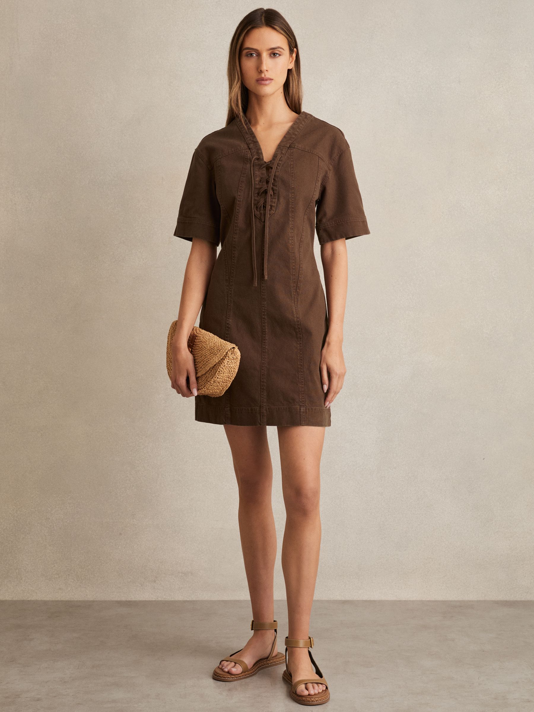 Lace Up Denim Shirt Dress in Chocolate - Image 1 of 5