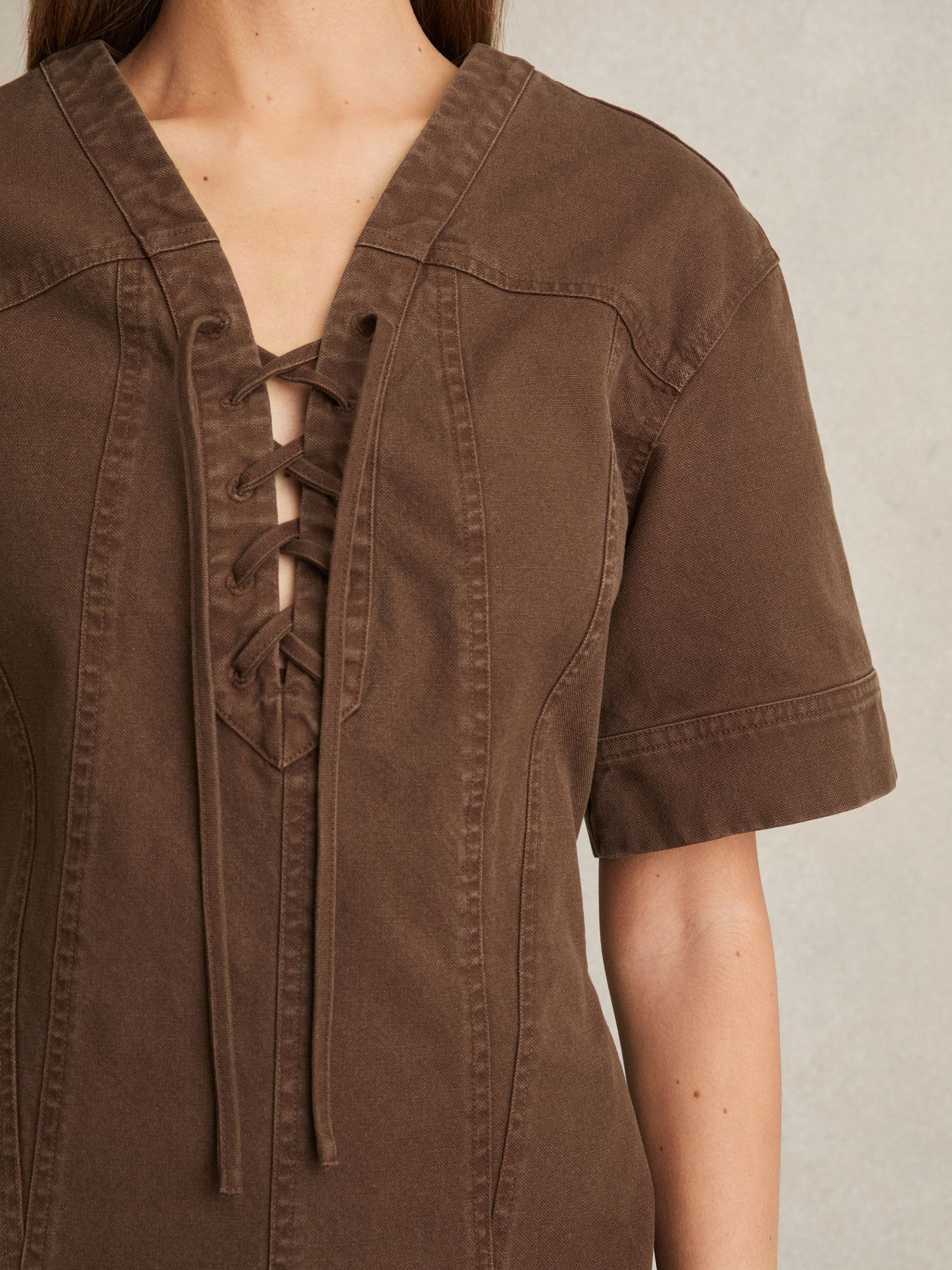 Lace Up Denim Shirt Dress in Chocolate - Image 3 of 5