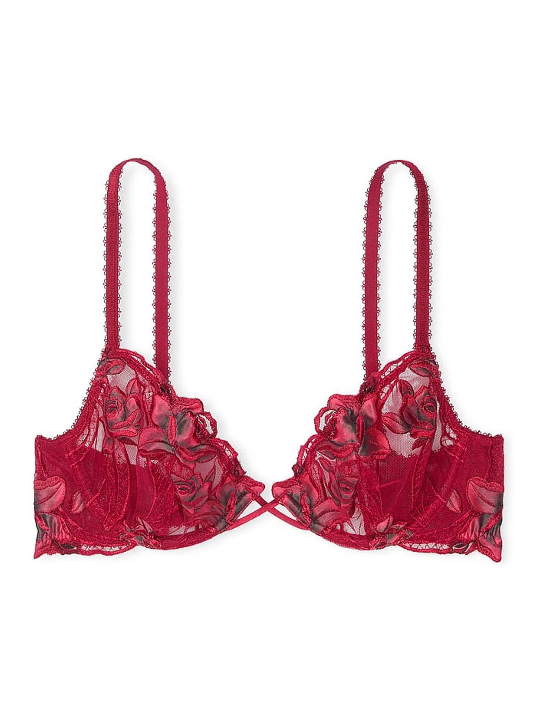 Red Lacquer Unlined Demi Rose Embroidered Bra - Image 3 of 4