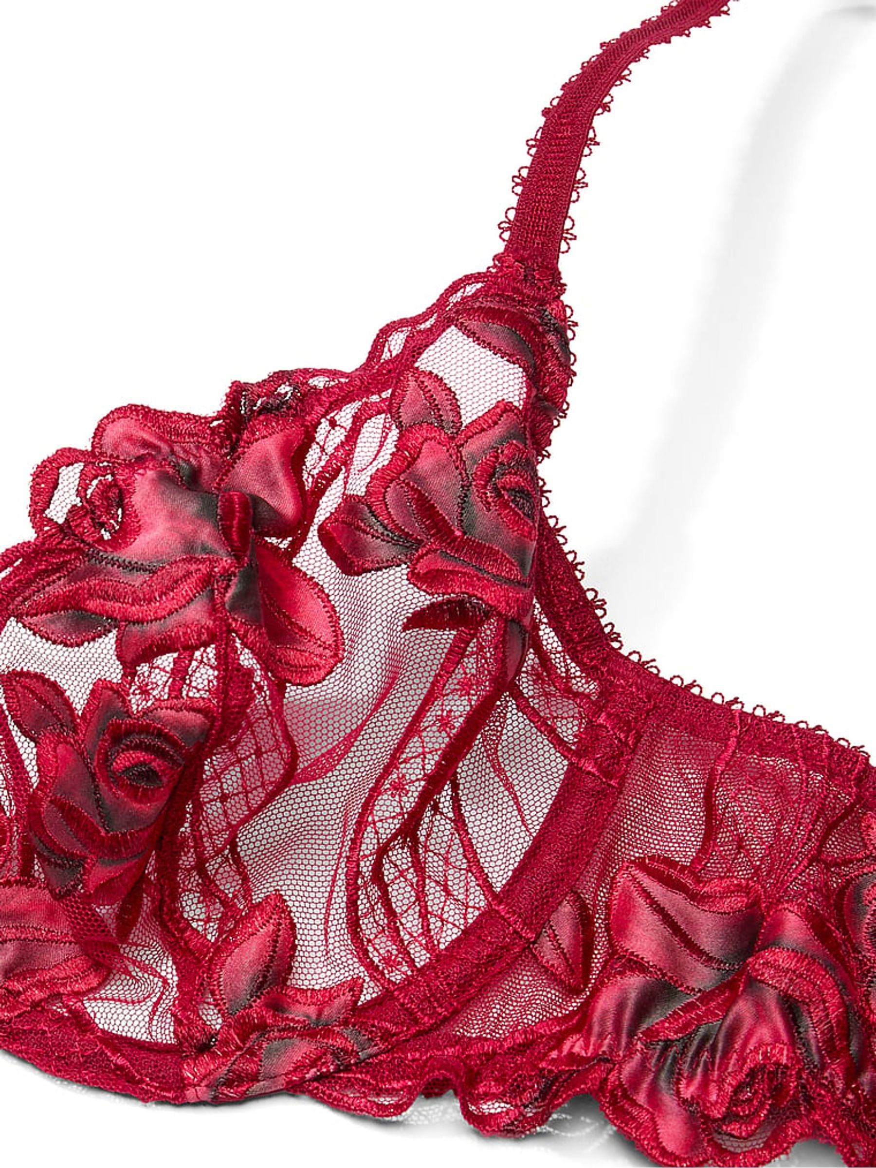 Red Lacquer Unlined Demi Rose Embroidered Bra - Image 4 of 4