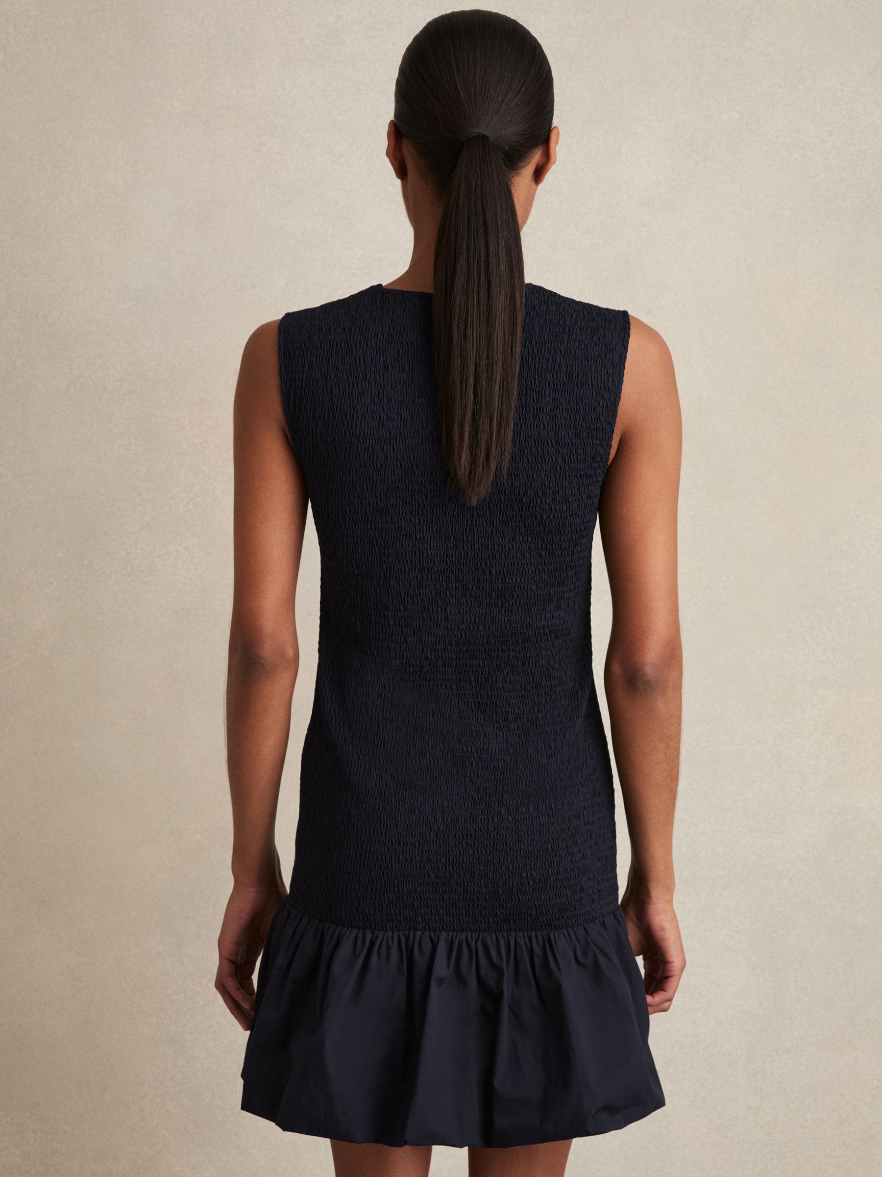 Cotton Shirred Bubble-Hem Mini Dress in Navy - Image 5 of 6