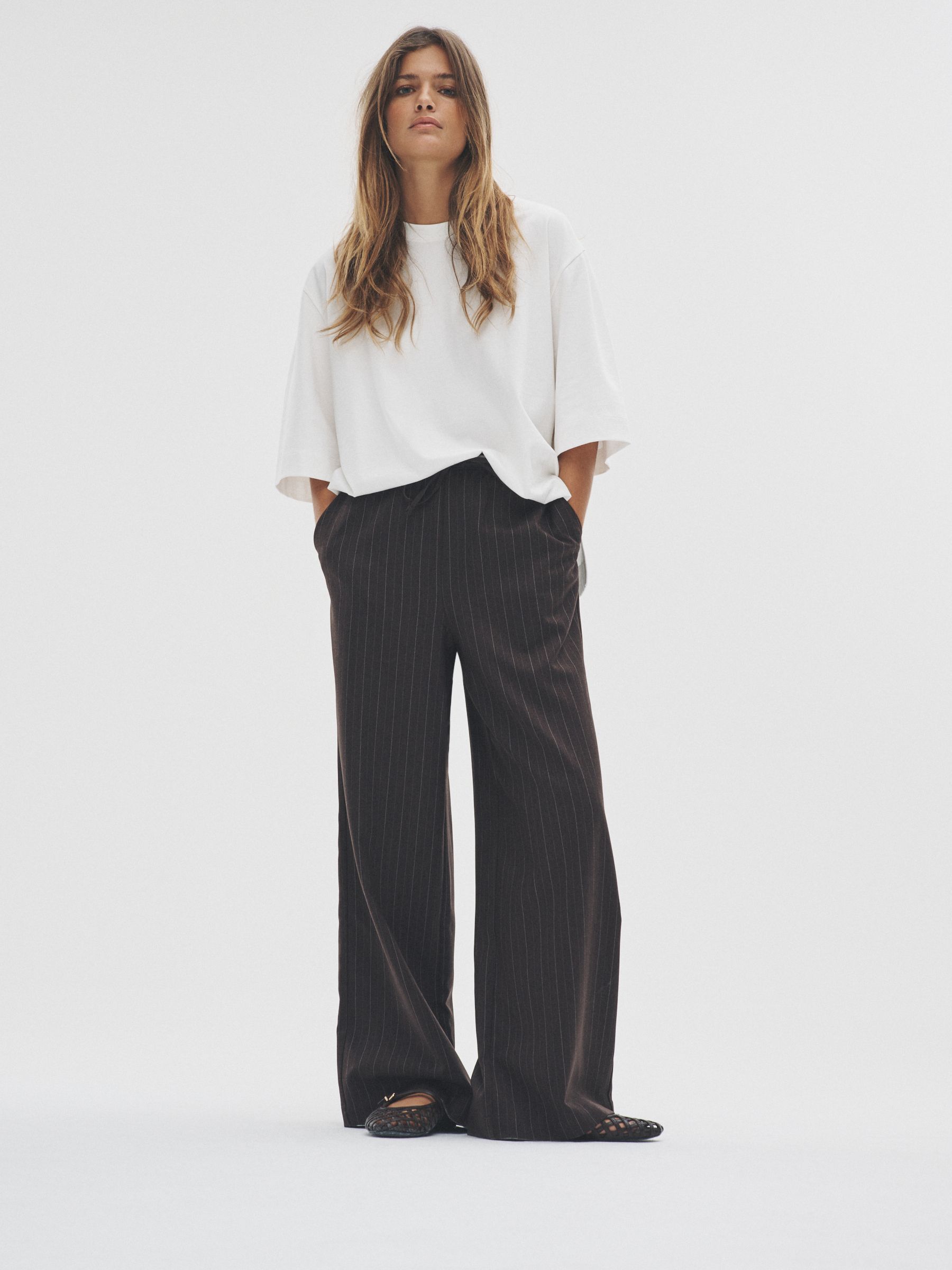 Dark Navy/Chocolate Brown - 2 Pack Pinstripe Wide Leg Pull On Trousers - Image 2 of 9