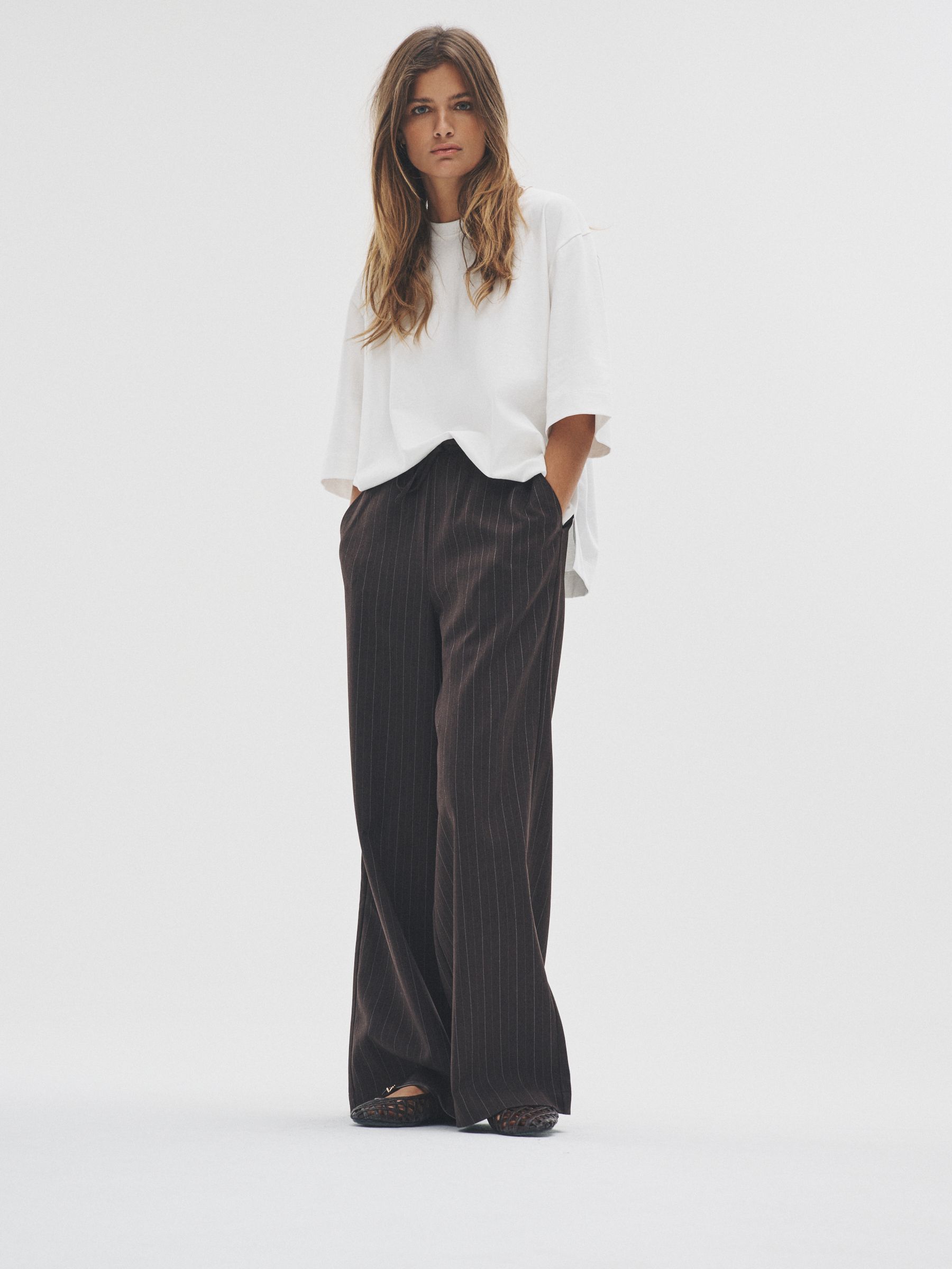 Dark Navy/Chocolate Brown - 2 Pack Pinstripe Wide Leg Pull On Trousers - Image 3 of 9