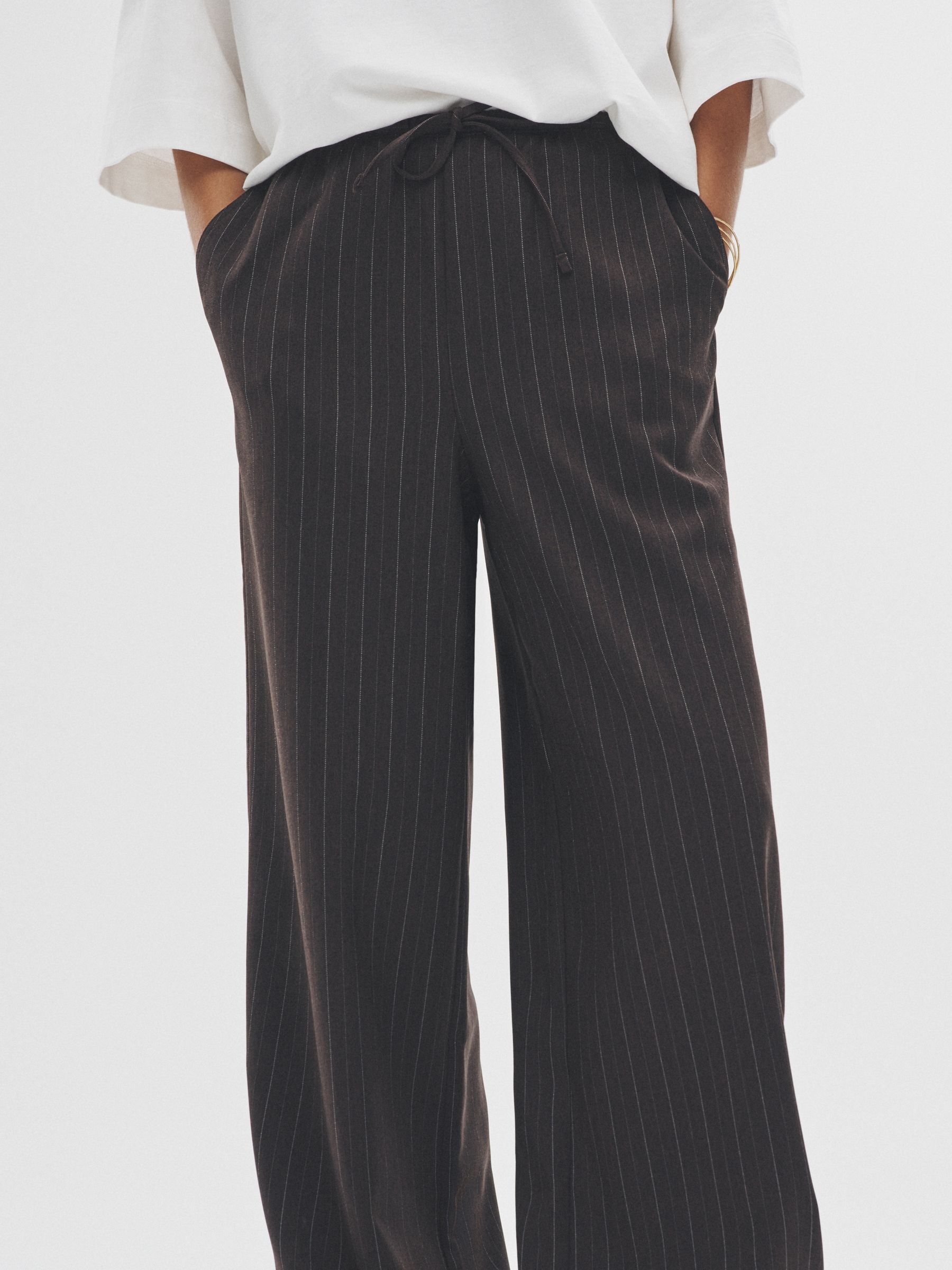 Dark Navy/Chocolate Brown - 2 Pack Pinstripe Wide Leg Pull On Trousers - Image 4 of 9