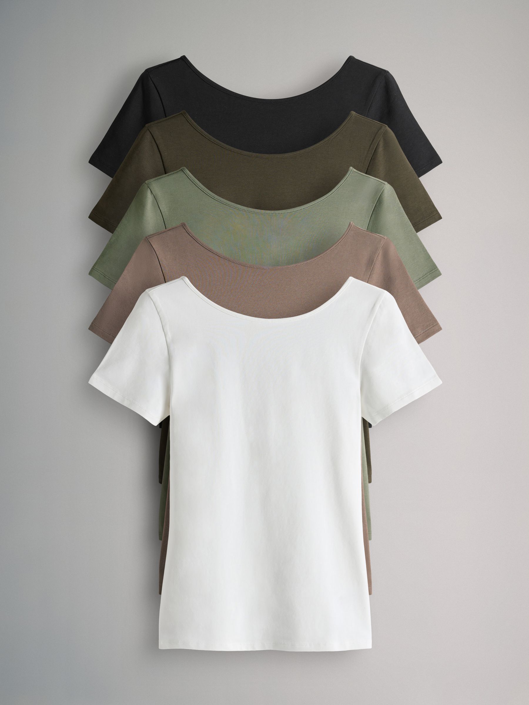 Cream/Taupe Brown/Light Green/Khaki/Black - 5 Pack Scoop Back Fittted Short Sleeve T-Shirts - Image 1 of 8