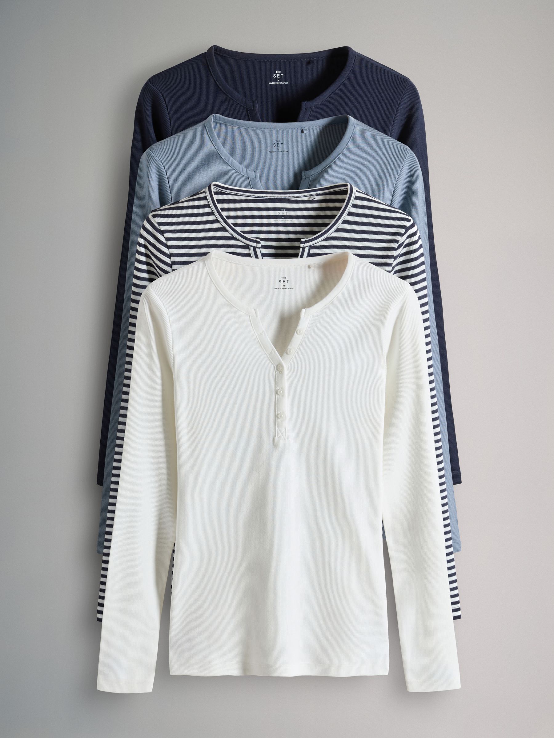 Navy/Blue/Stripe/White - 4 Pack Ribbed Henley Long Sleeve T-Shirts - Image 1 of 6