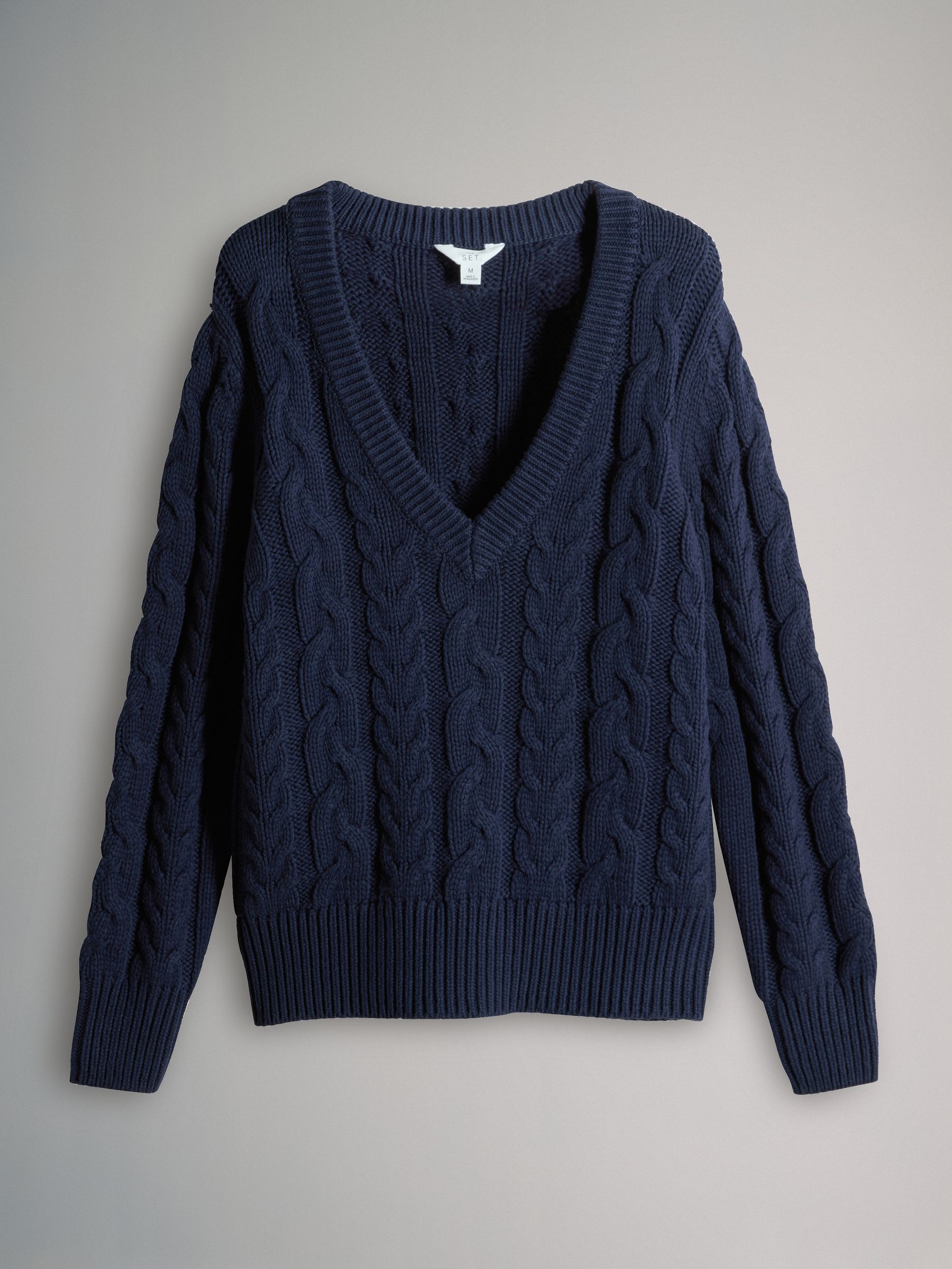 Navy Blue/Cream 2 Pack Cable Knitted V-Neck Jumpers - Image 2 of 5