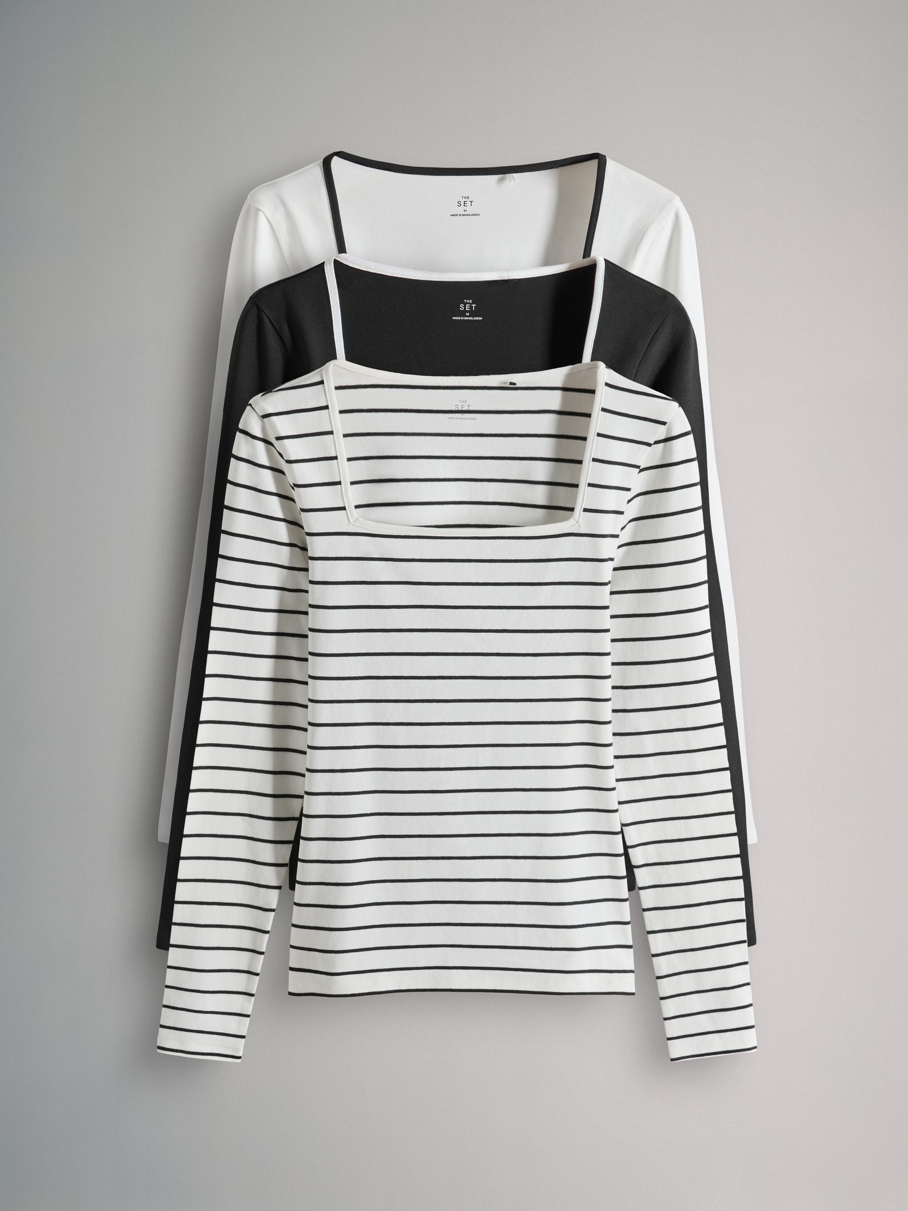 Black/White/Stripe - 3 Pack Square Neck Long Sleeve T-Shirts - Image 2 of 6