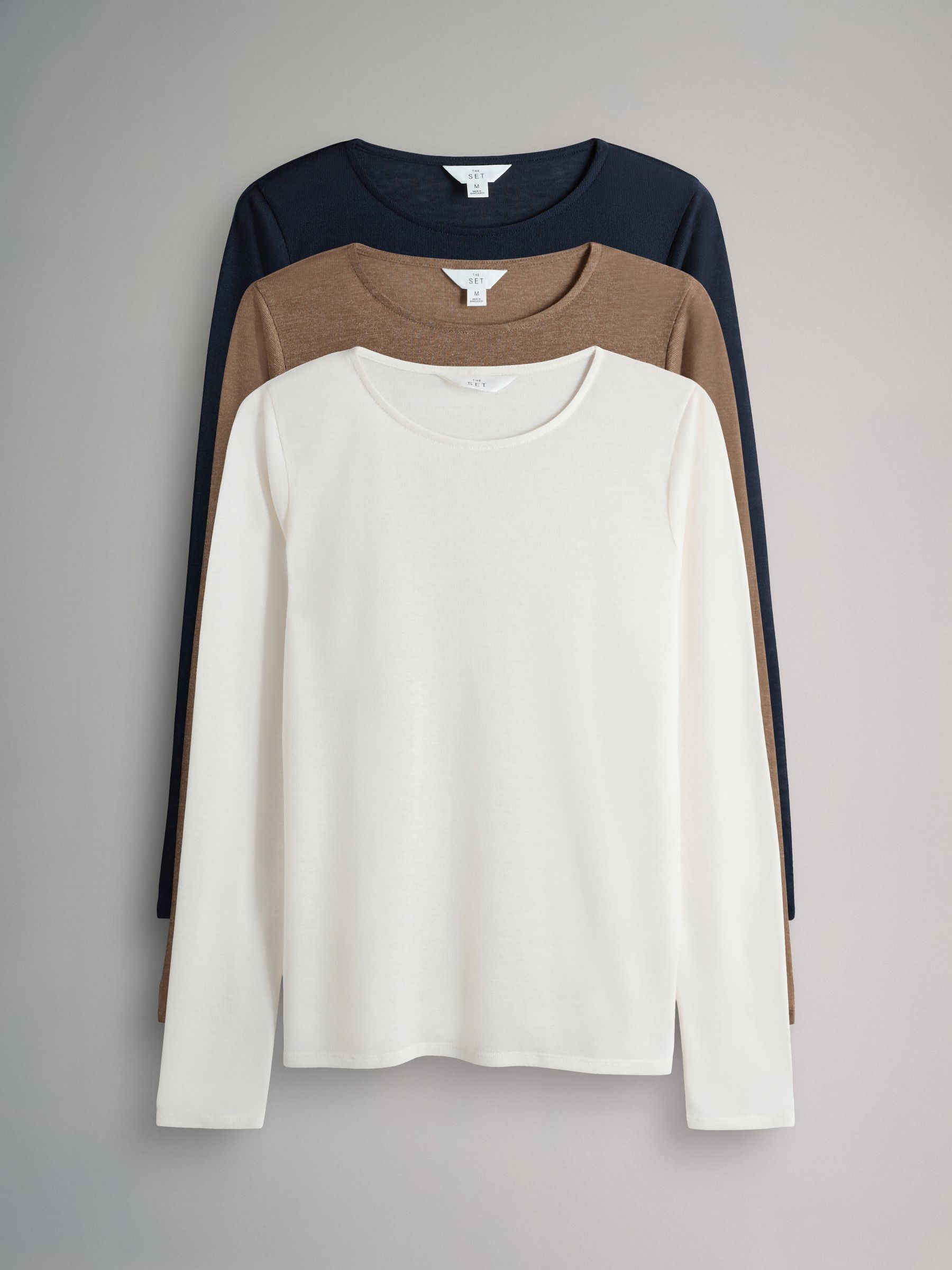 Cream/Brown/Navy Blue - 3 Pack Sheer Long Sleeve T-Shirts - Image 1 of 6 Cream/Brown/Navy Blue - 3 Pack Sheer Long Sleeve T-Shirts - Image 1 of 6