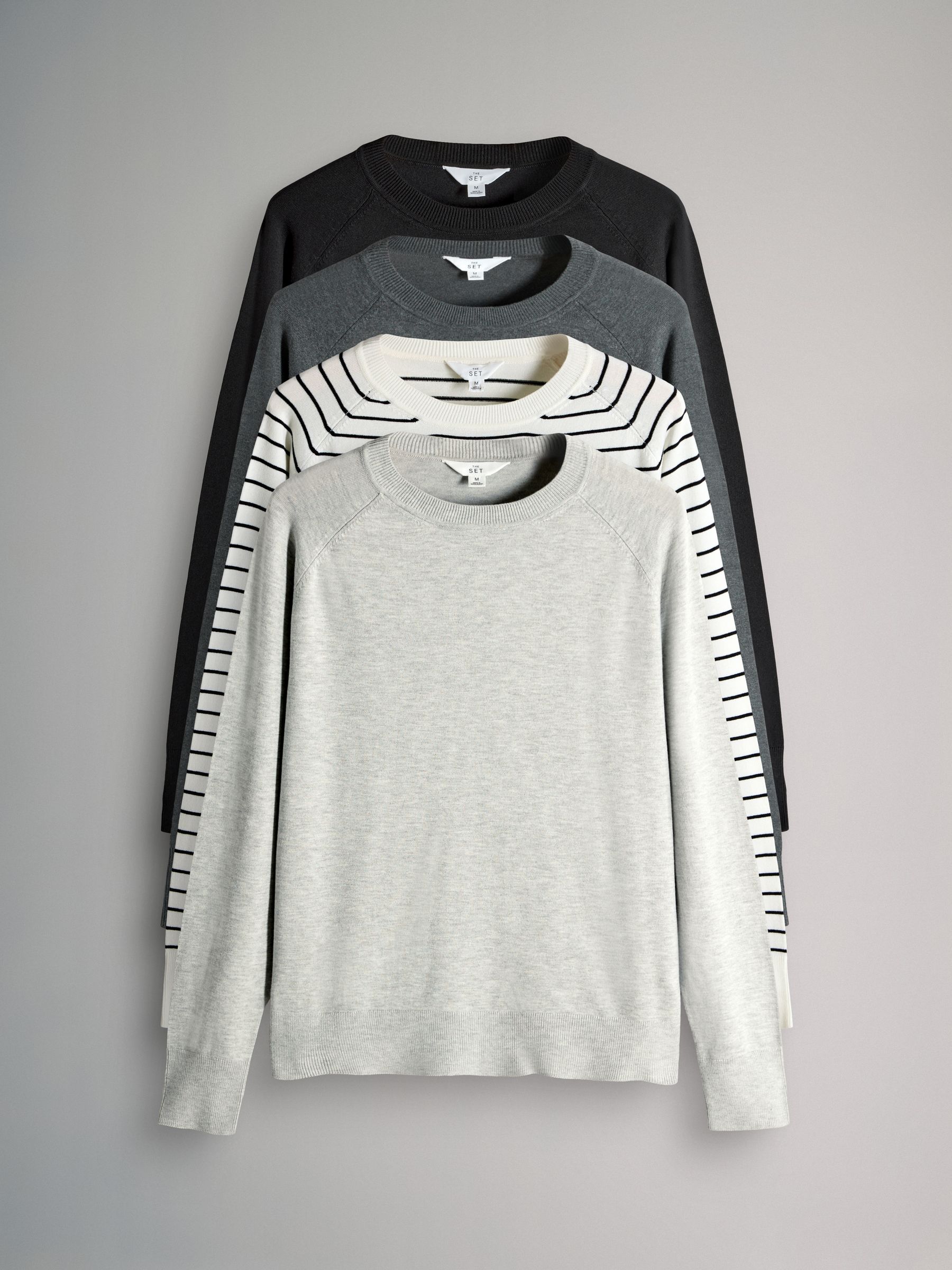 Black/Charcoal/Grey/Black & Cream Stripe - 4 Pack Fine Knit Crew Neck Jumpers - Image 1 of 7
