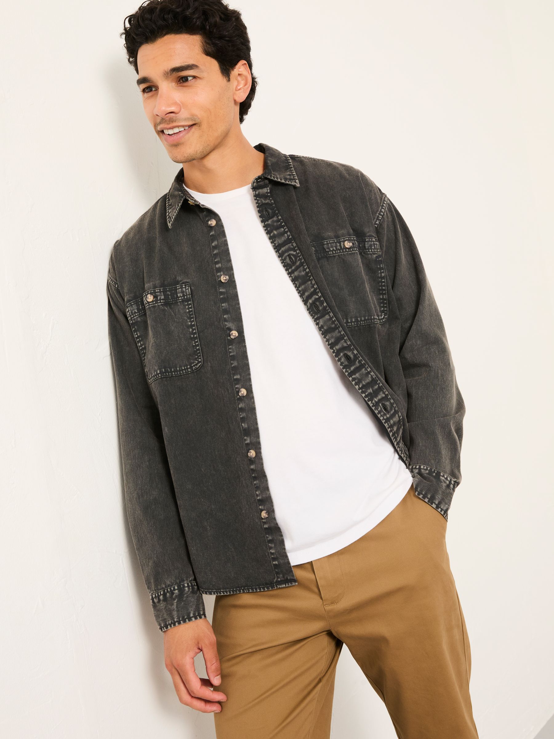 Dark Grey Long Sleeve Relaxed Fit Garment Dye Utility Shirt - Image 3 of 6