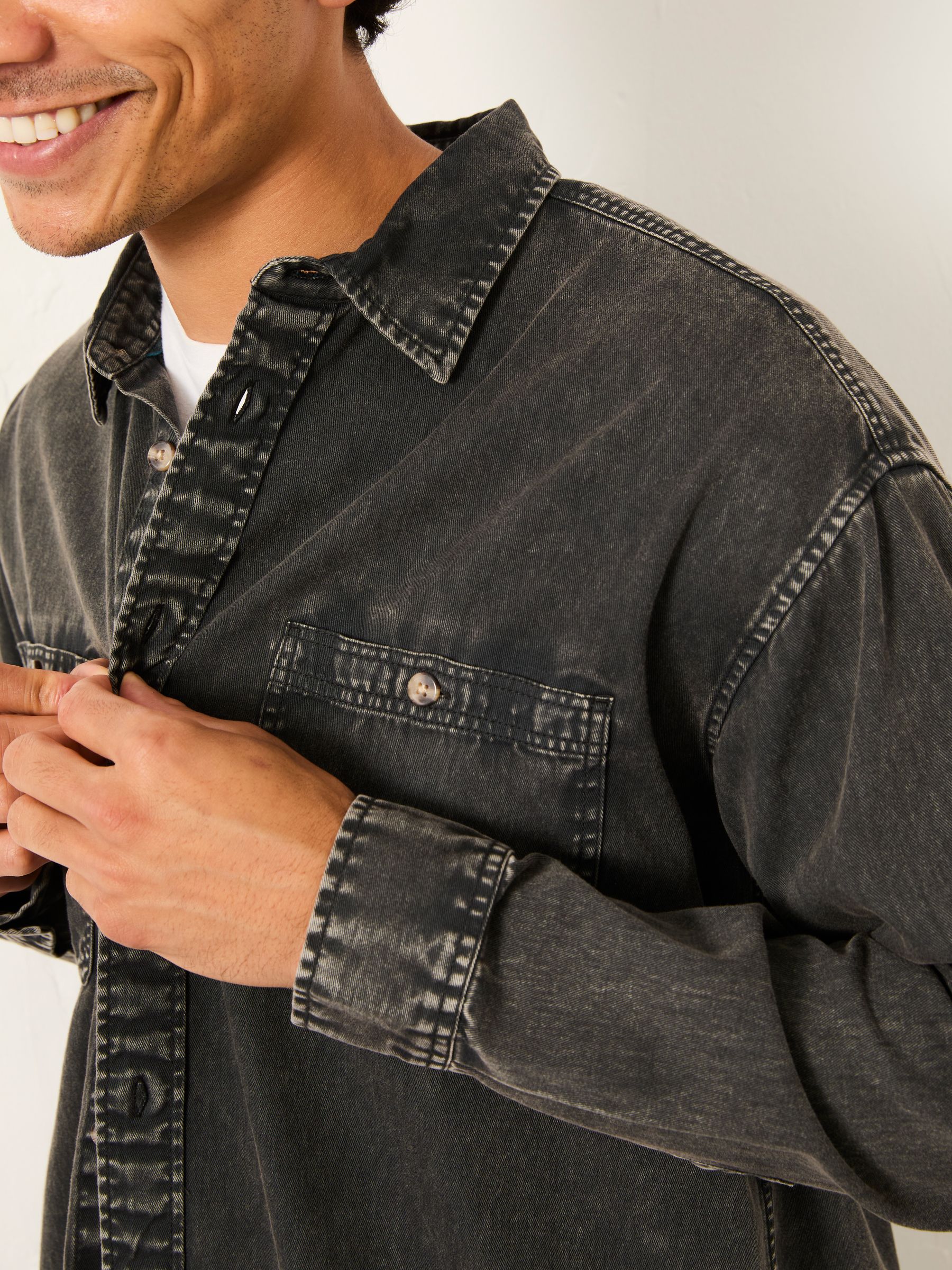 Dark Grey Long Sleeve Relaxed Fit Garment Dye Utility Shirt - Image 4 of 6
