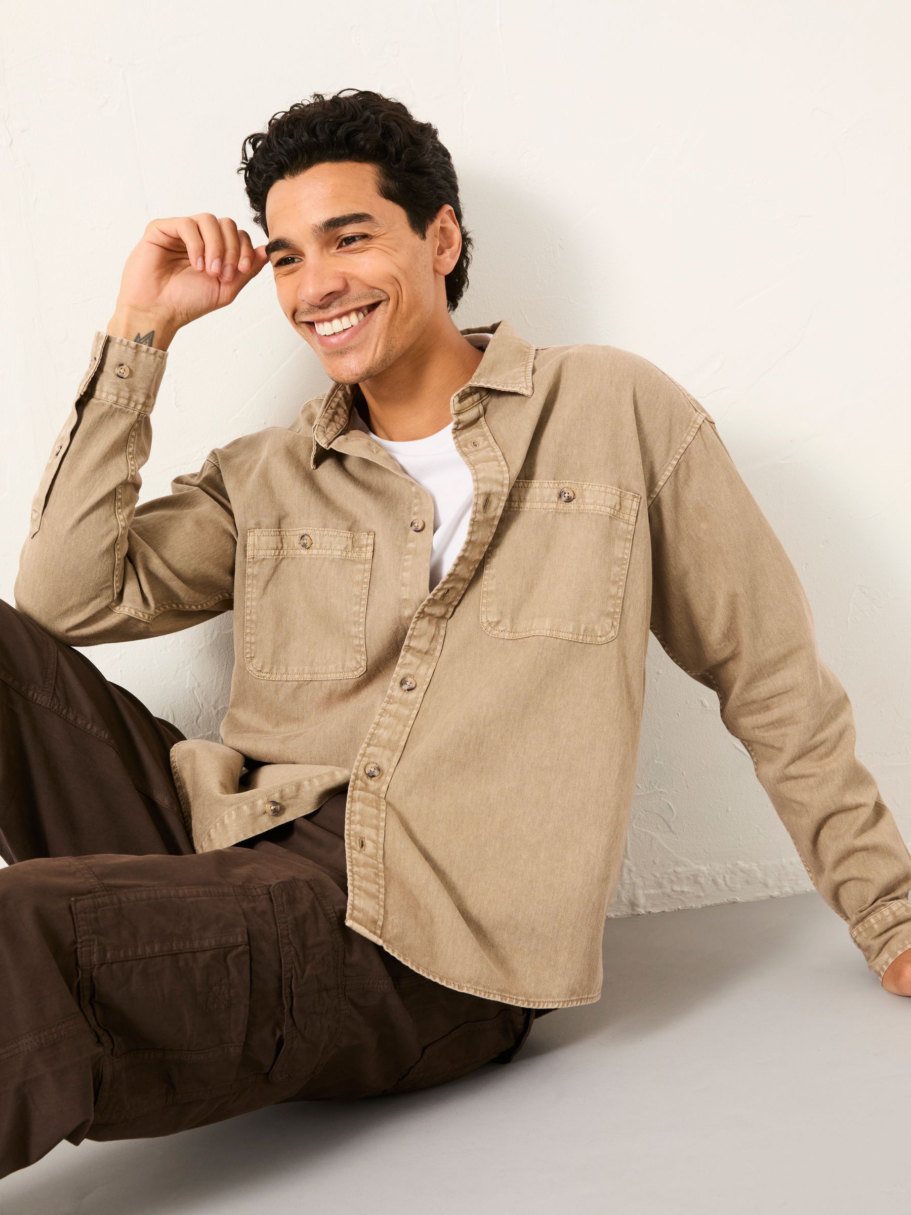 Fat Face - Light Brown - Light Brown Long Sleeve Relaxed Fit Garment Dye Utility Shirt