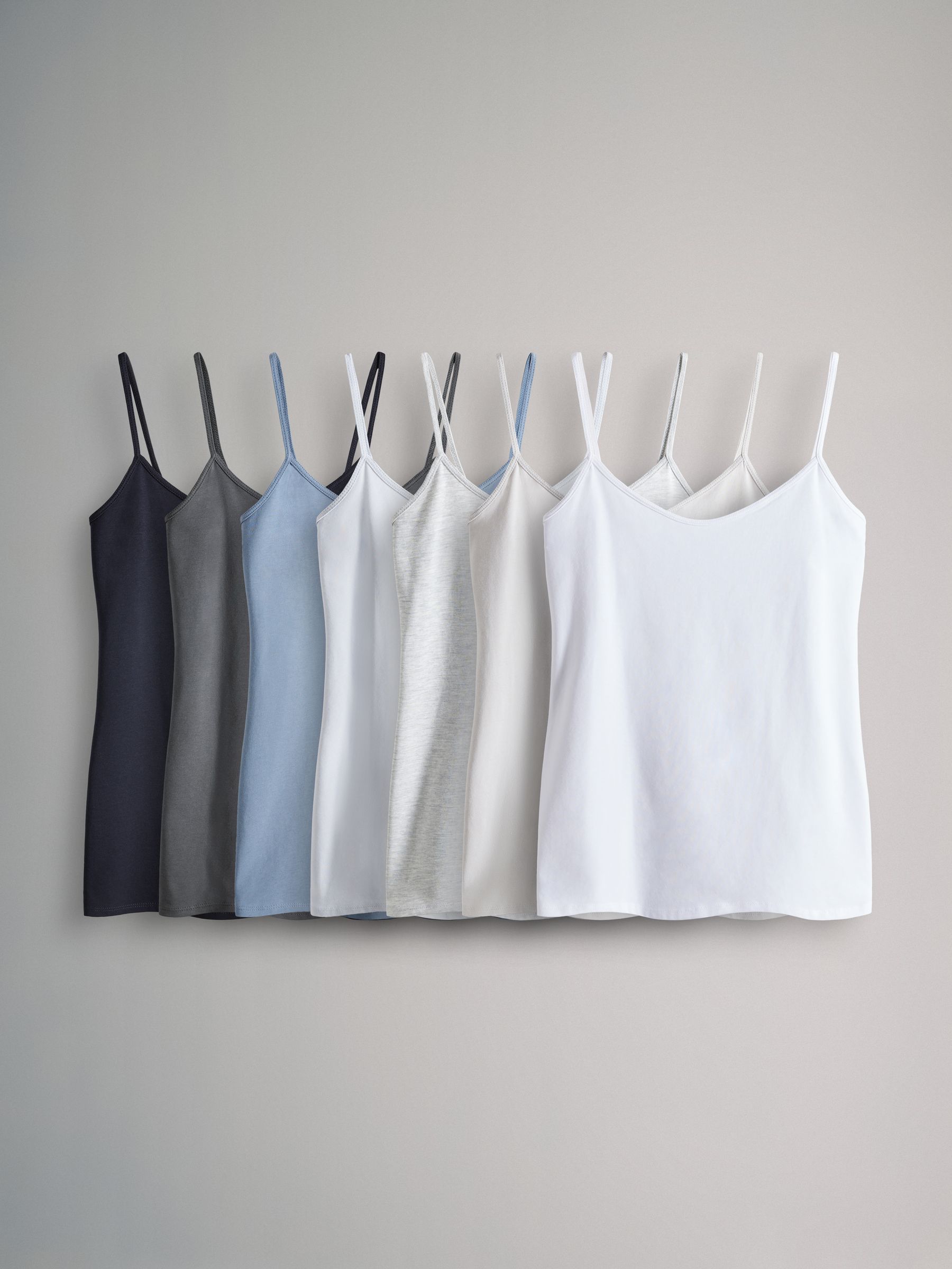 Black/Grey/MidBlue/Blue/Grey Marl/Light Grey/White - 7 Pack Thin Strap Vest Tops - Image 1 of 9 Black/Grey/MidBlue/Blue/Grey Marl/Light Grey/White - 7 Pack Thin Strap Vest Tops - Image 1 of 9