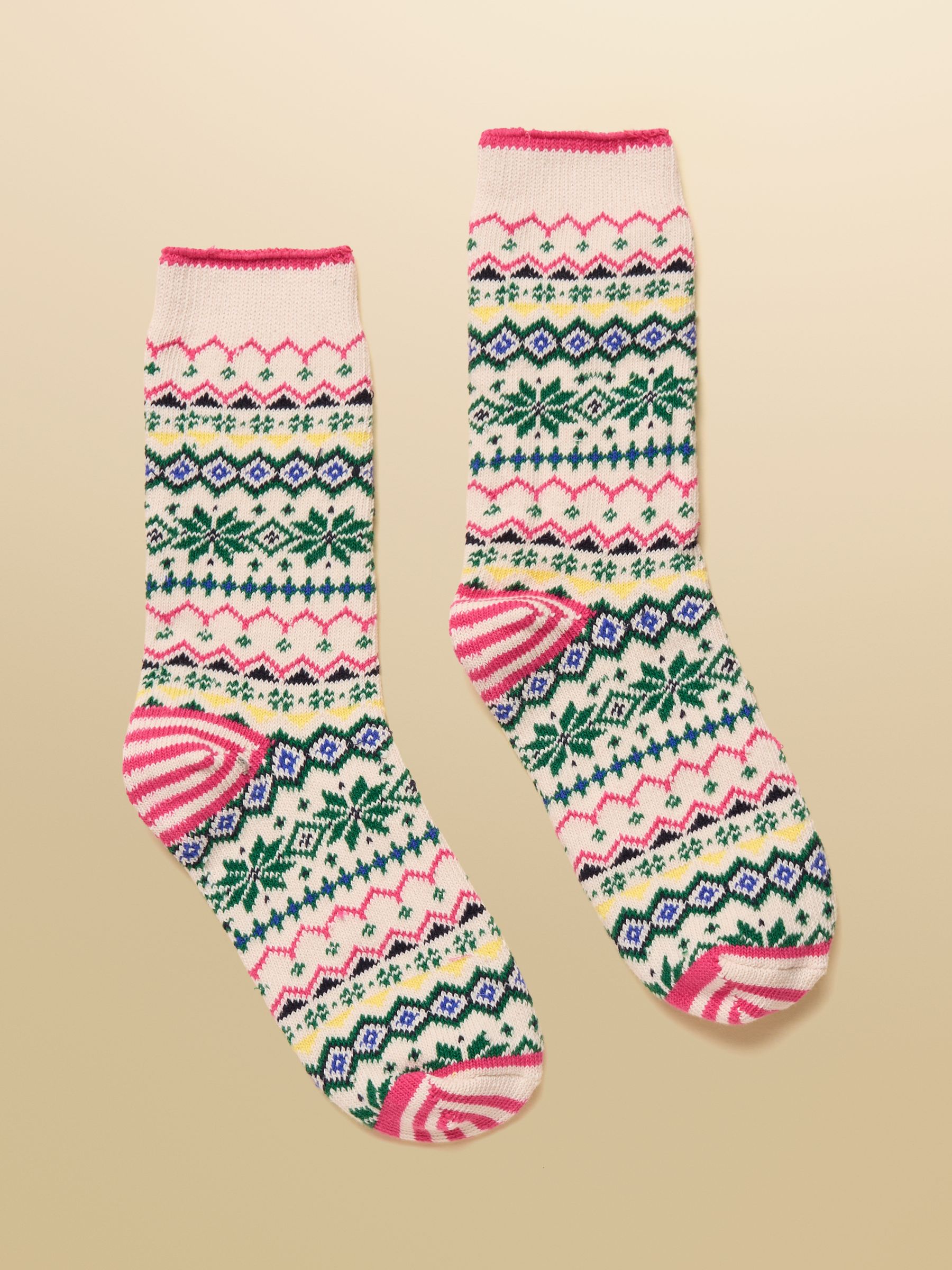 Women's Lucille White & Green Fair Isle Cotton Blend Socks (size 4-8) - Image 1 of 3