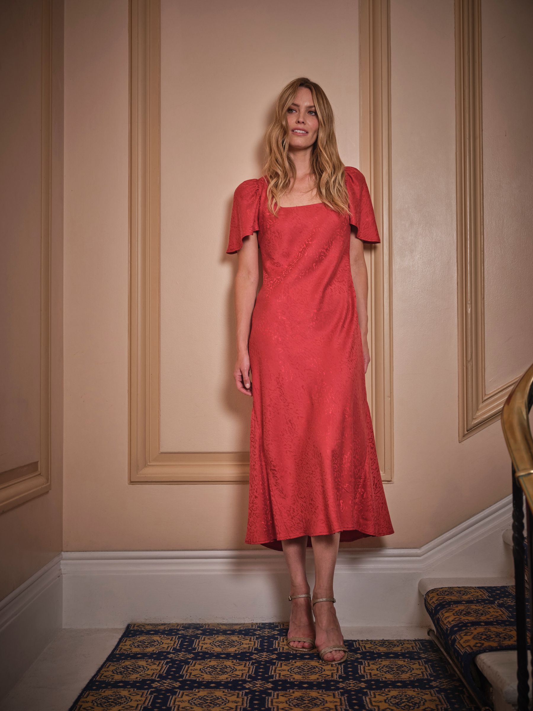 Luna Red Regular Square Neck Jacquard Midi Dress - Image 1 of 1