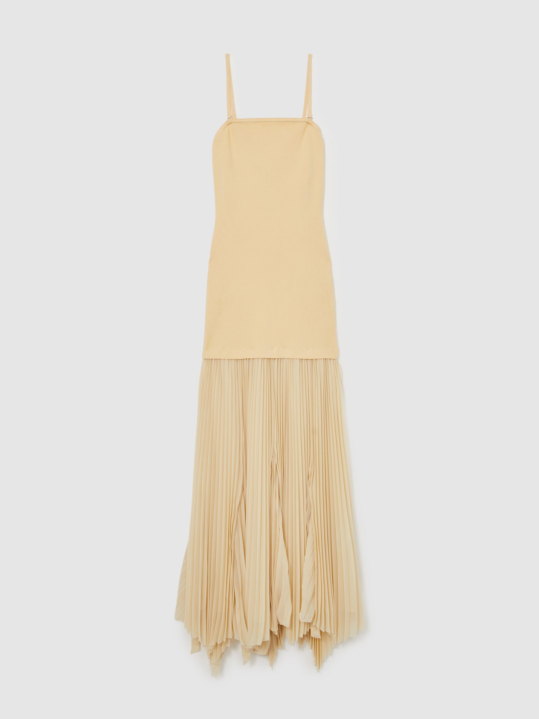 Pleated Skirt Ribbed Midi Dress in Yellow - Image 2 of 5