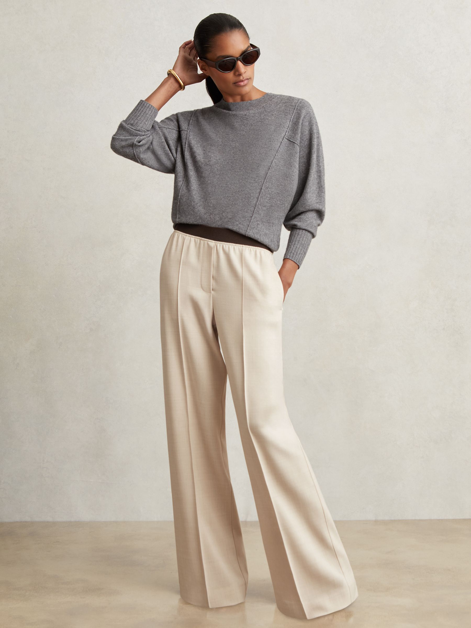 Petite Wide-Leg Elasticated-Waist Trousers in Neutral - Image 1 of 7 Petite Wide-Leg Elasticated-Waist Trousers in Neutral - Image 1 of 7