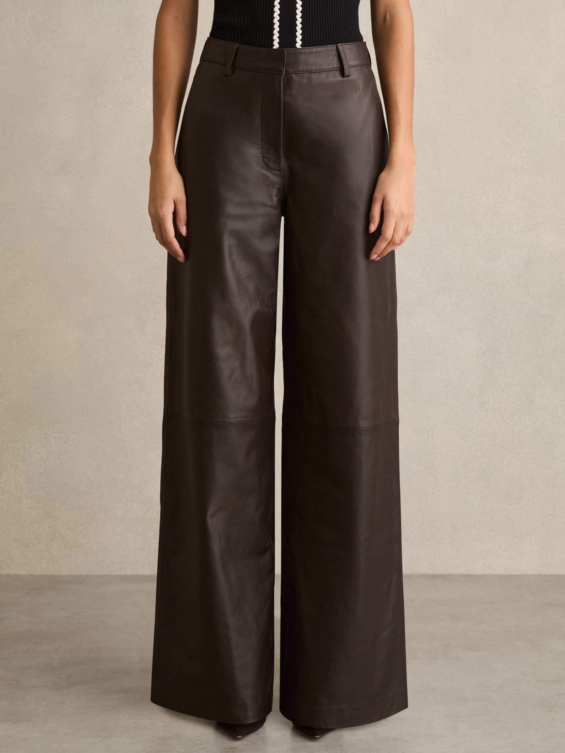 Leather Wide Leg Trousers in Chocolate - Image 3 of 7