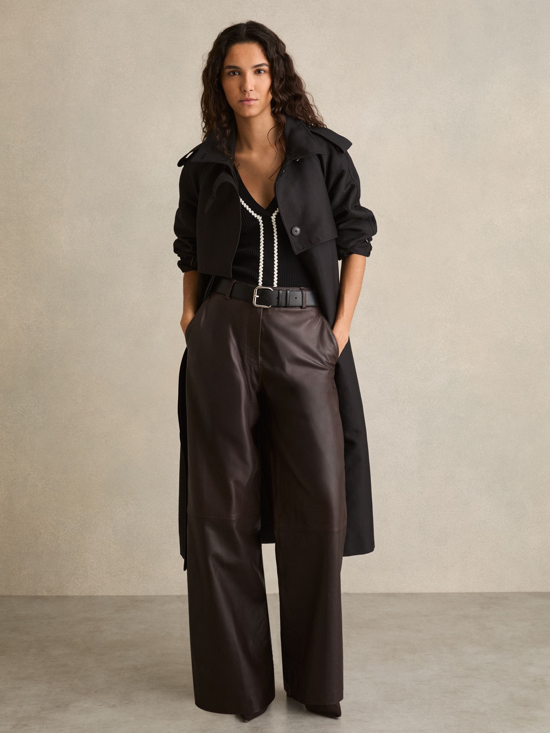 Leather Wide Leg Trousers in Chocolate - Image 6 of 7