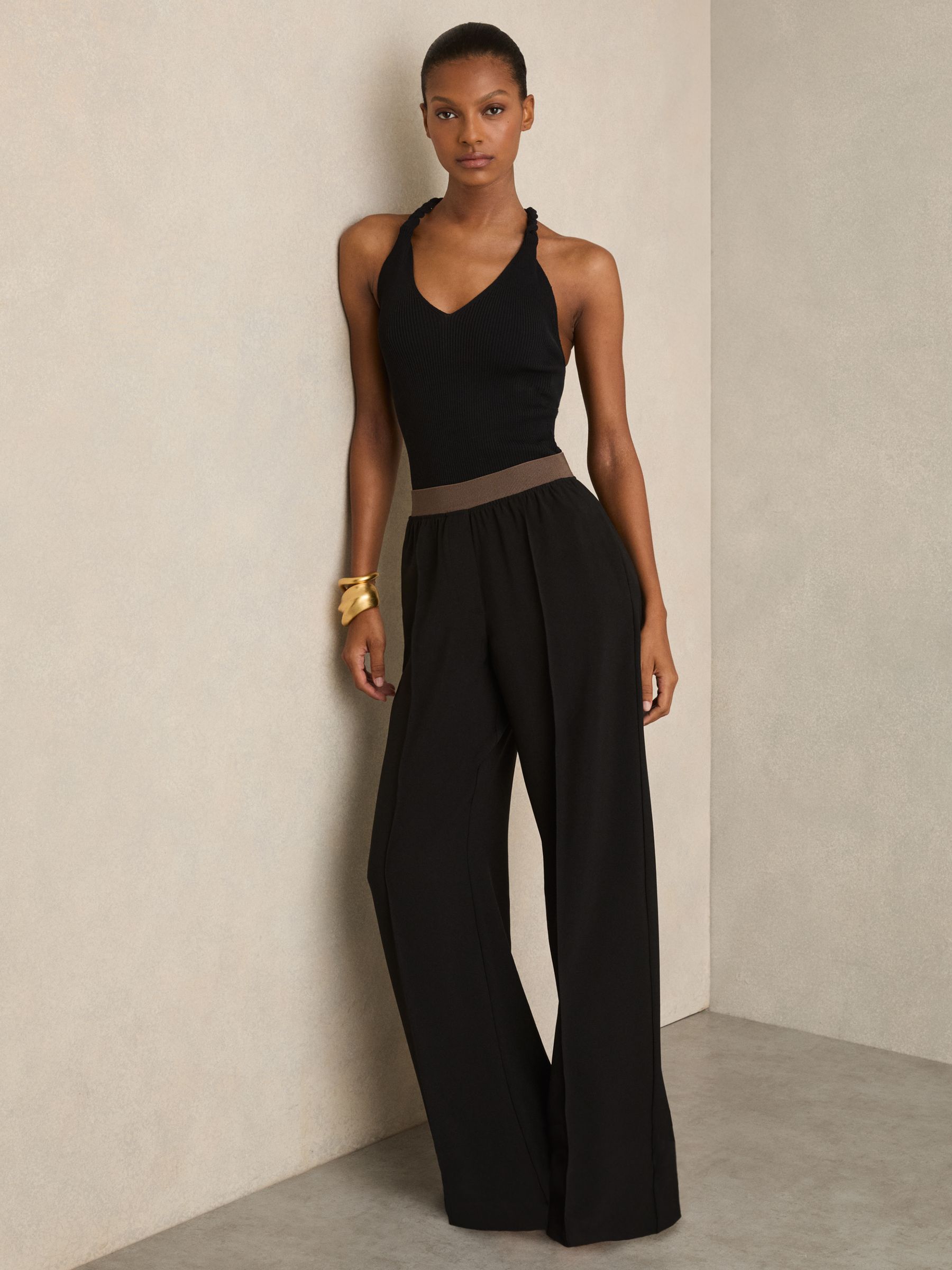 Petite Wide-Leg Elasticated-Waist Trousers in Black - Image 6 of 8