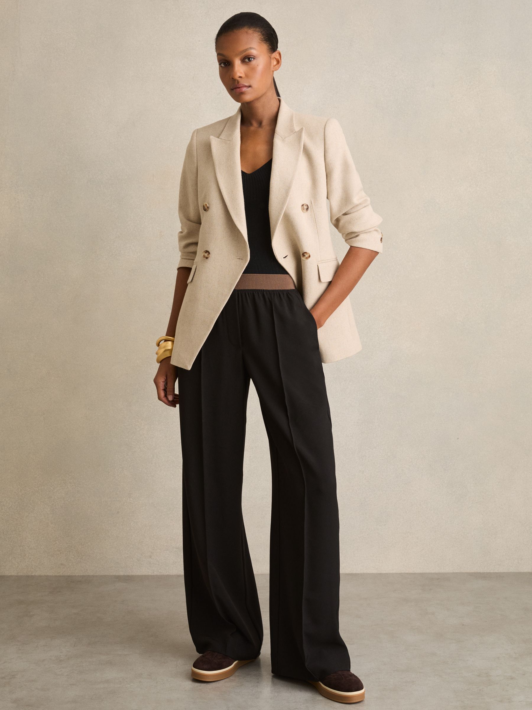 Wide-Leg Elasticated-Waist Trousers in Black - Image 1 of 7