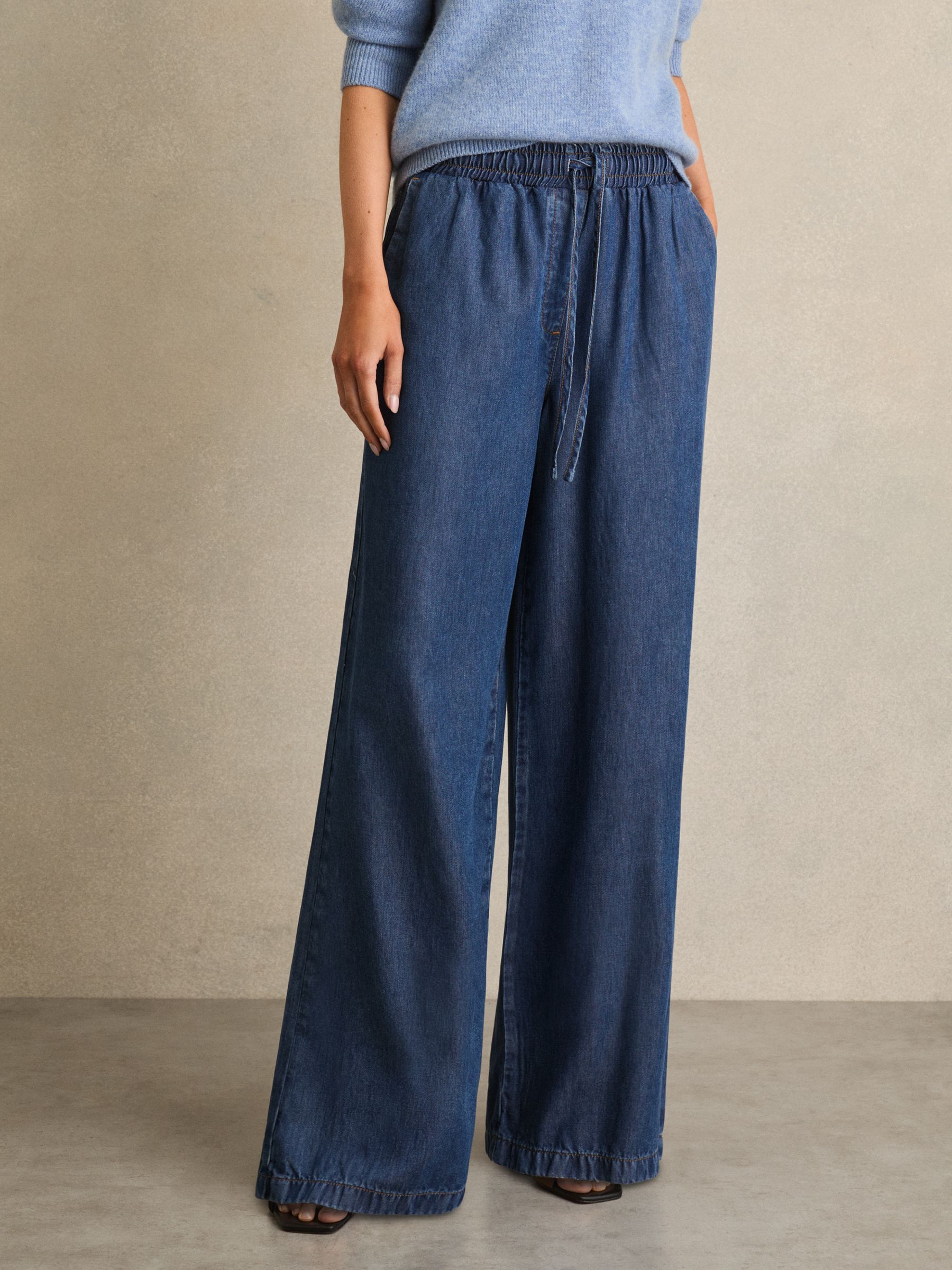 Petite Wide-Leg Chambray Drawstring Trousers in Mid Blue - Image 3 of 7