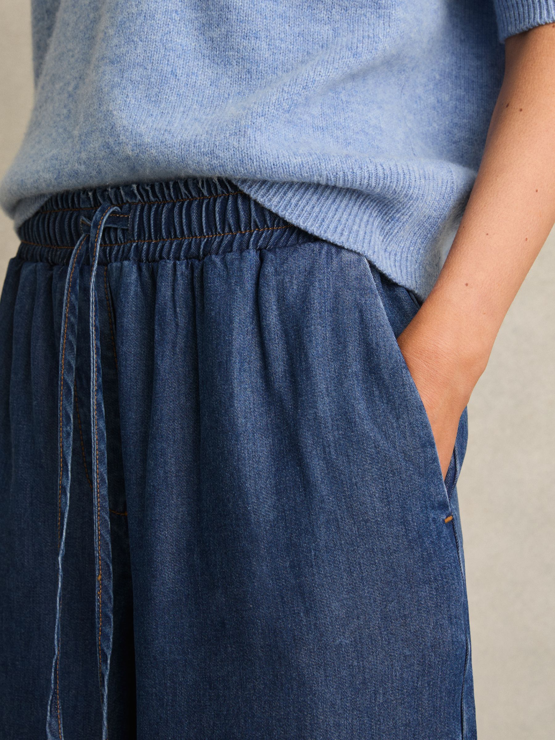 Petite Wide-Leg Chambray Drawstring Trousers in Mid Blue - Image 4 of 7