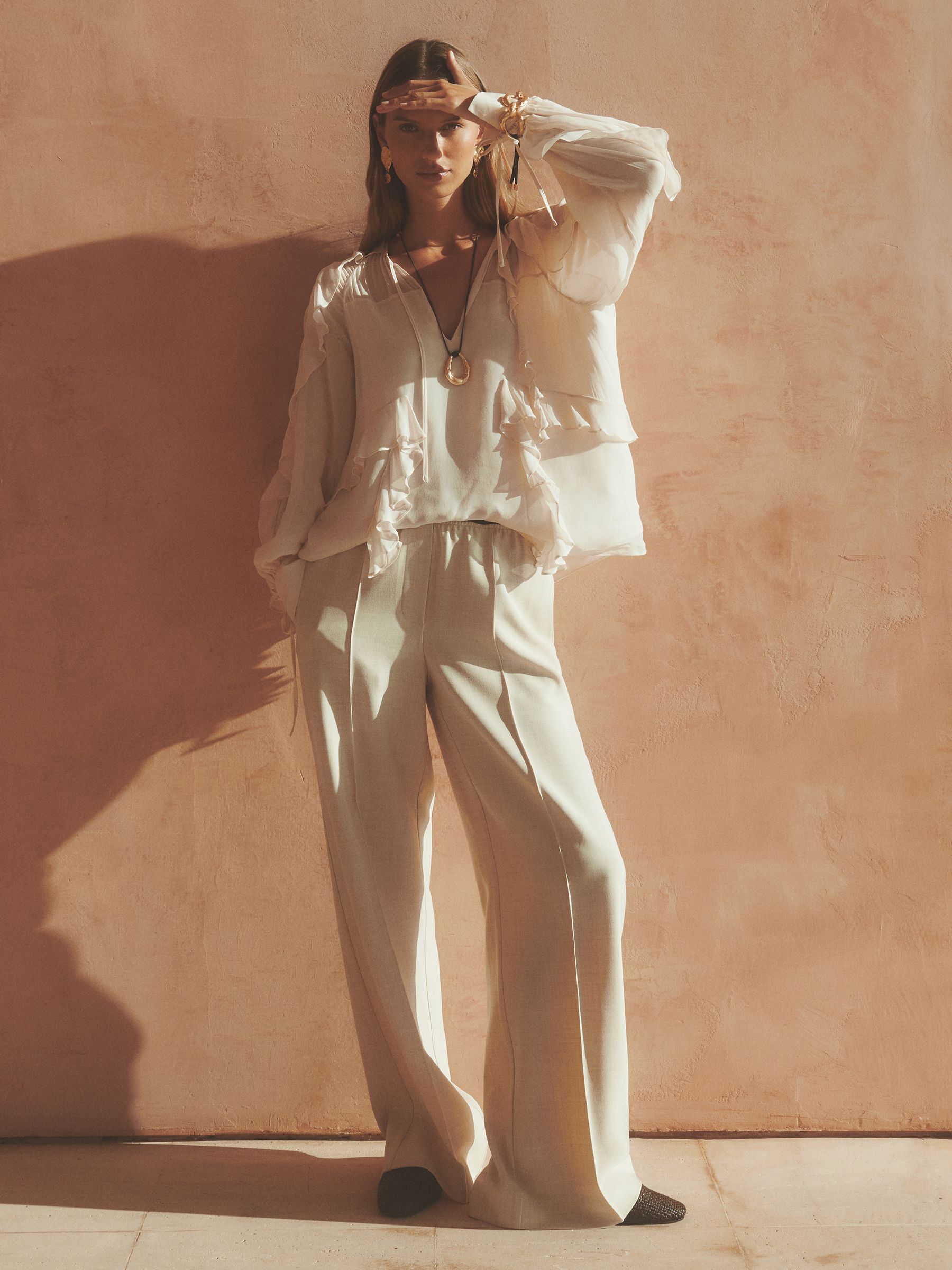 Wide-Leg Elasticated-Waist Trousers in Neutral - Image 1 of 7 Wide-Leg Elasticated-Waist Trousers in Neutral - Image 1 of 7
