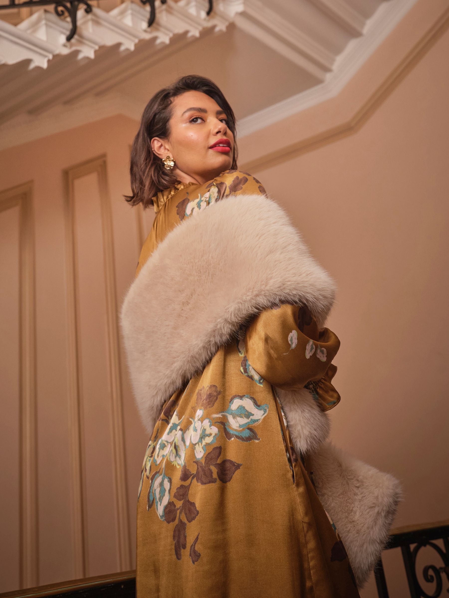 gold dress with fur Cherida by Irving Nadler 1960s Fox Fur Trim Gold Lurex Cocktail Dress Set –  Featherstone Vintage main image 0