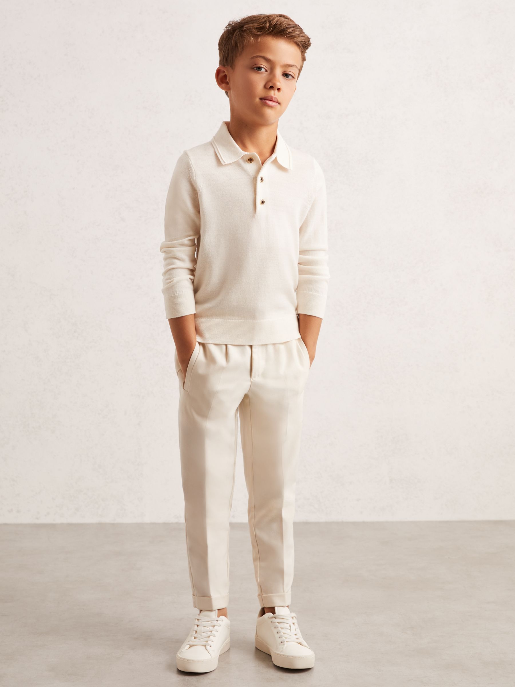 9-13 yrs Merino Wool Long Sleeve Polo Shirt in Snow - Image 3 of 4