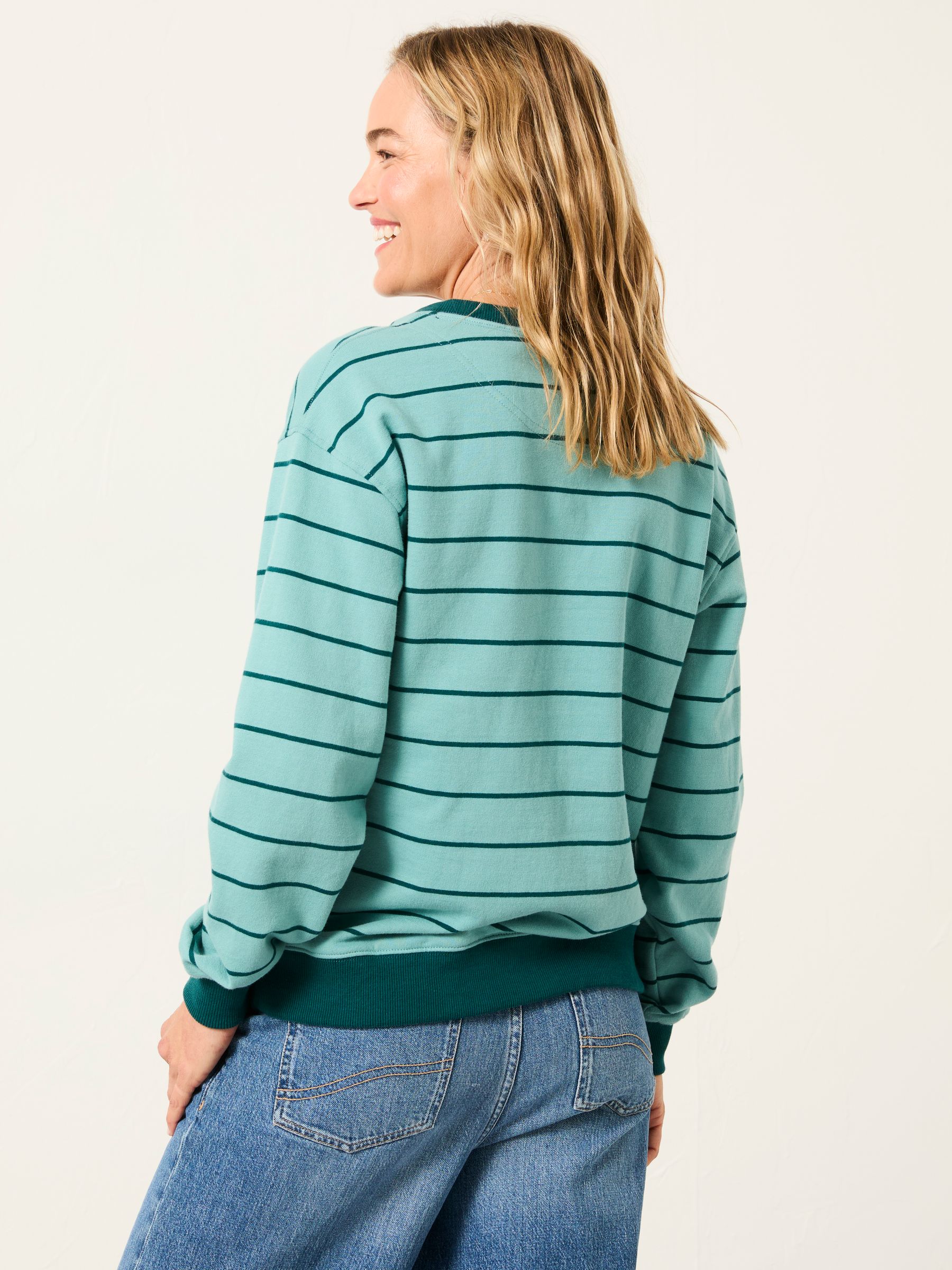 Teal Blue Stripe Notch Neck Sweatshirt - Image 2 of 6