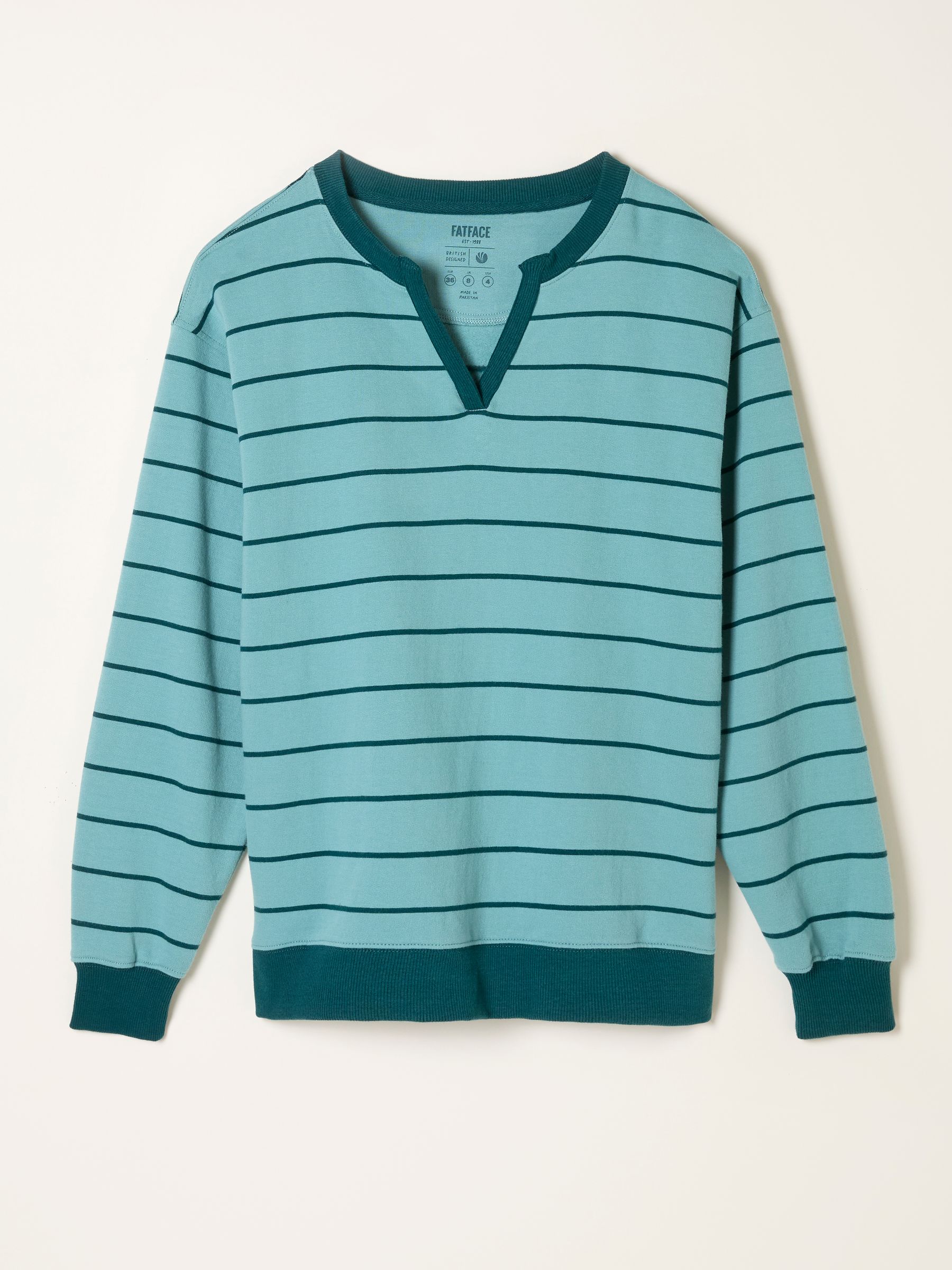 Teal Blue Stripe Notch Neck Sweatshirt - Image 6 of 6