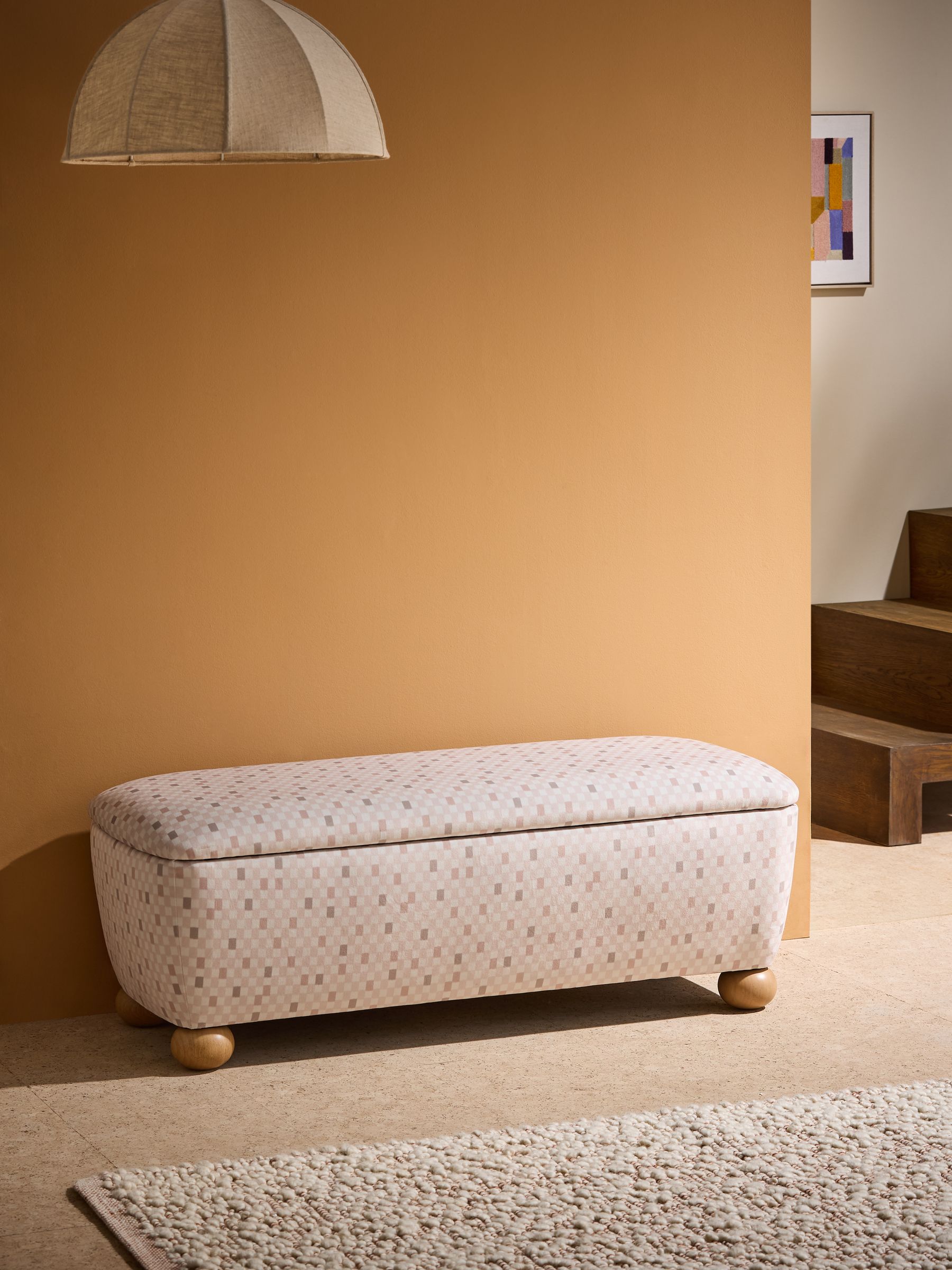 Ellio Storage Ottoman Bench in Nude Checked Velvet - Image 1 of 6 Ellio Storage Ottoman Bench in Nude Checked Velvet - Image 1 of 6
