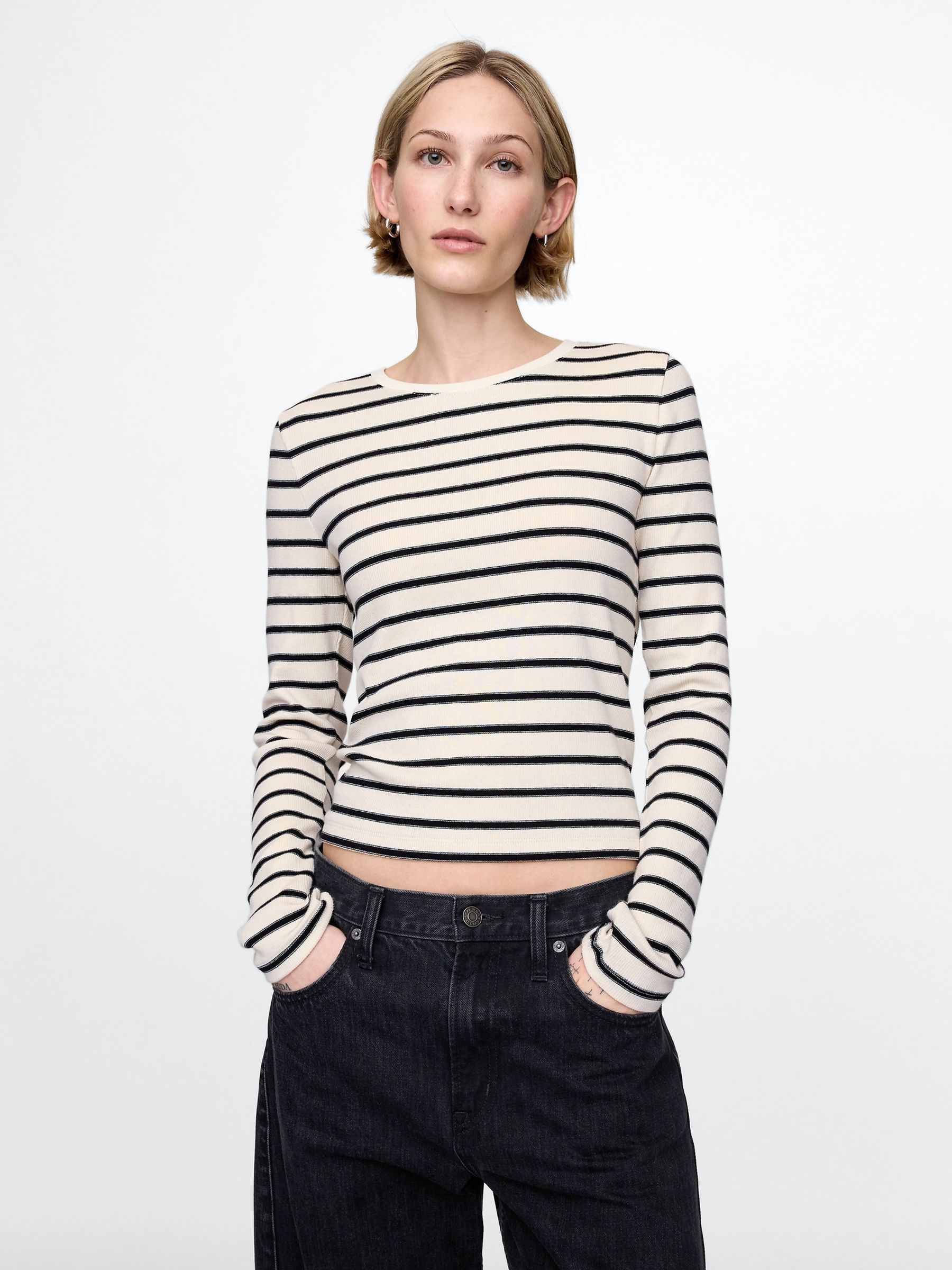 Cream Stripe Long Sleeve Modern Cotton-Modal Crew Neck T-Shirt - Image 1 of 5