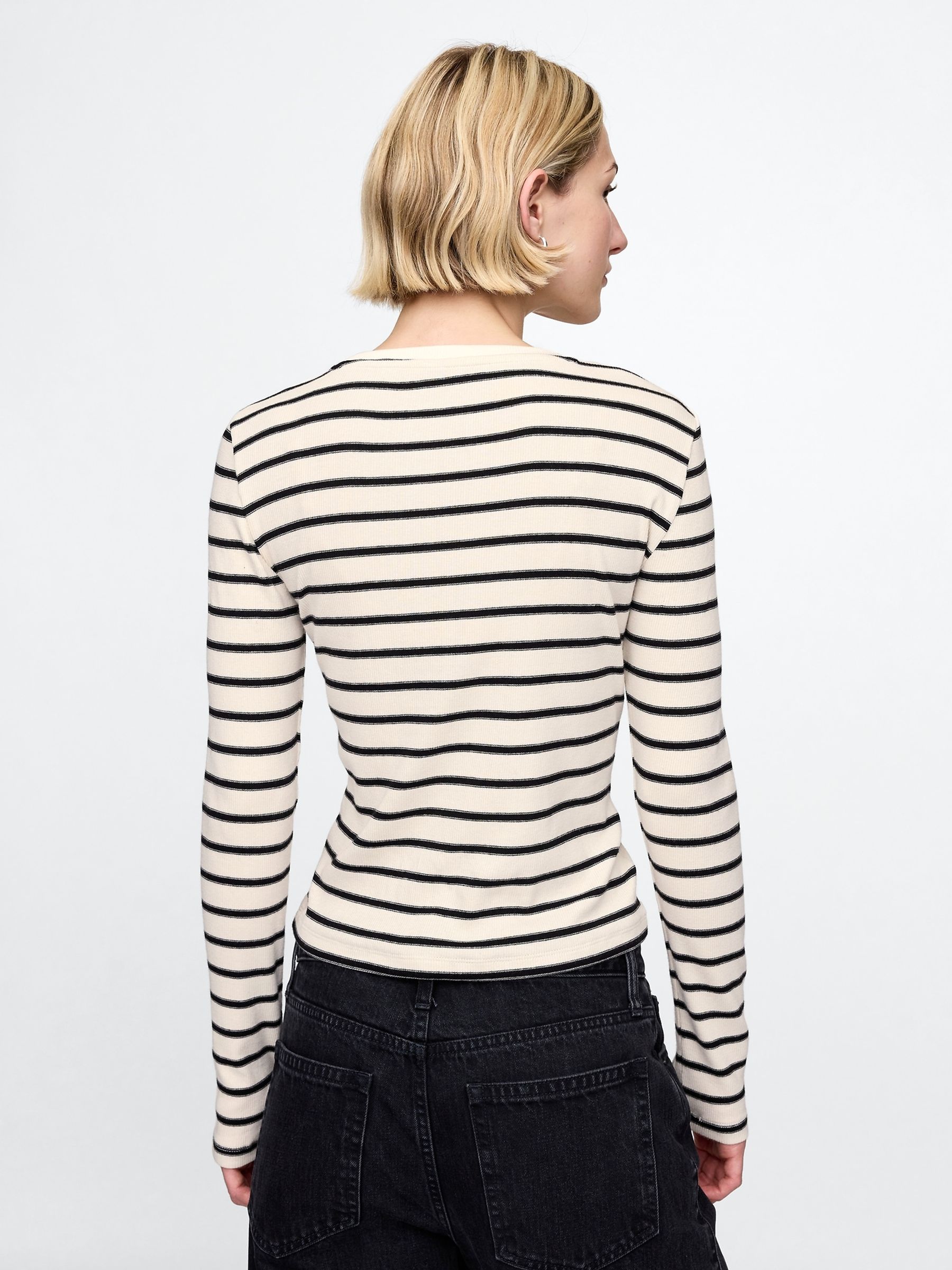 Cream Stripe Long Sleeve Modern Cotton-Modal Crew Neck T-Shirt - Image 2 of 5