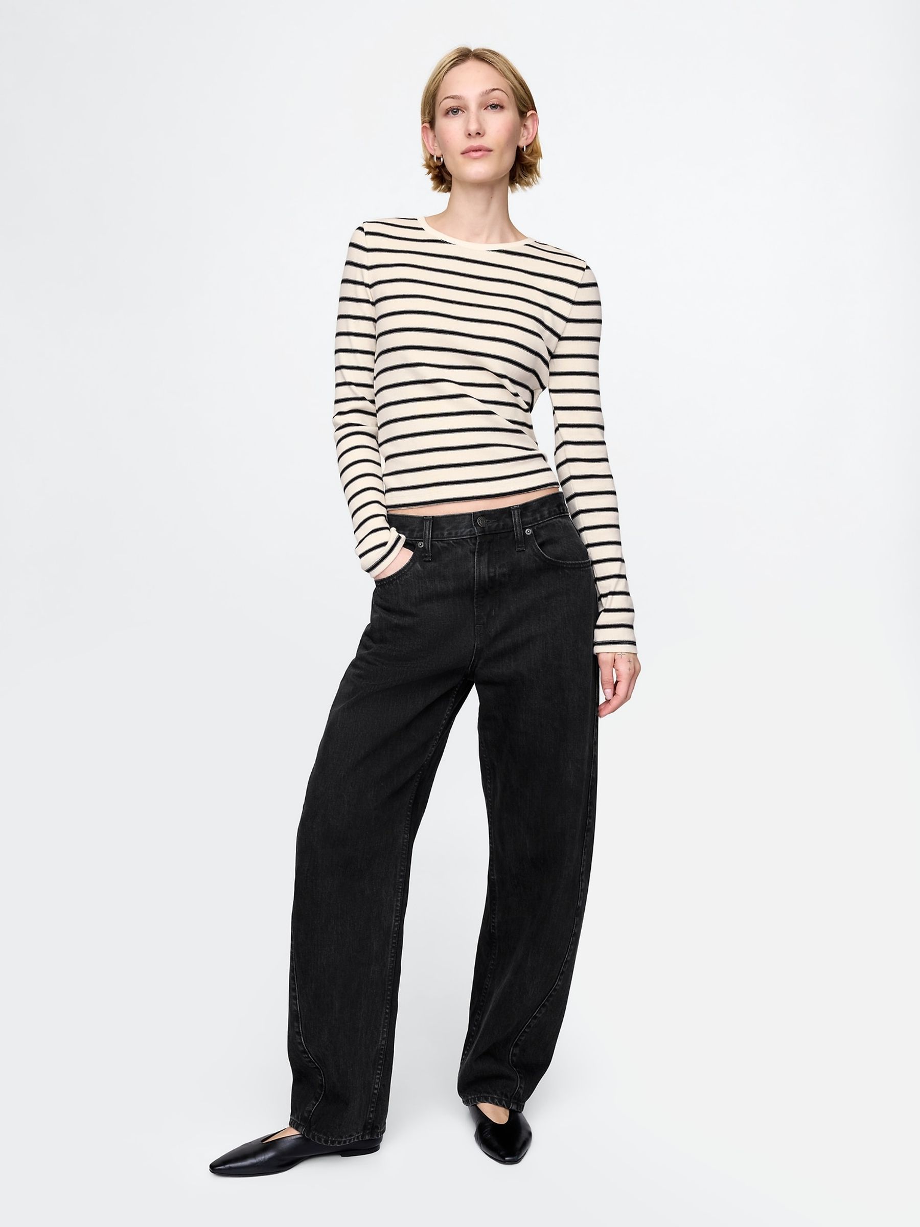 Cream Stripe Long Sleeve Modern Cotton-Modal Crew Neck T-Shirt - Image 3 of 5