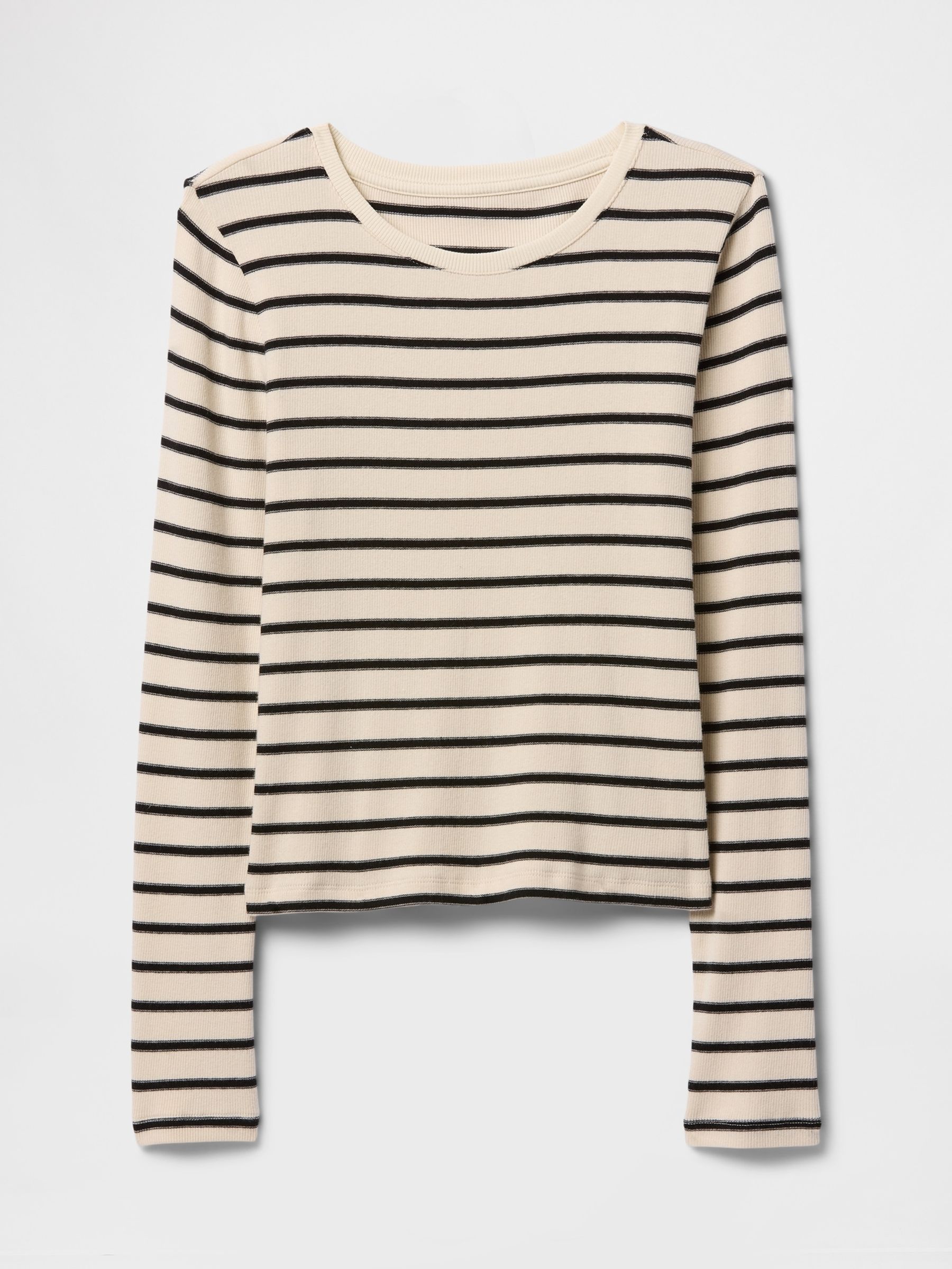 Cream Stripe Long Sleeve Modern Cotton-Modal Crew Neck T-Shirt - Image 4 of 5
