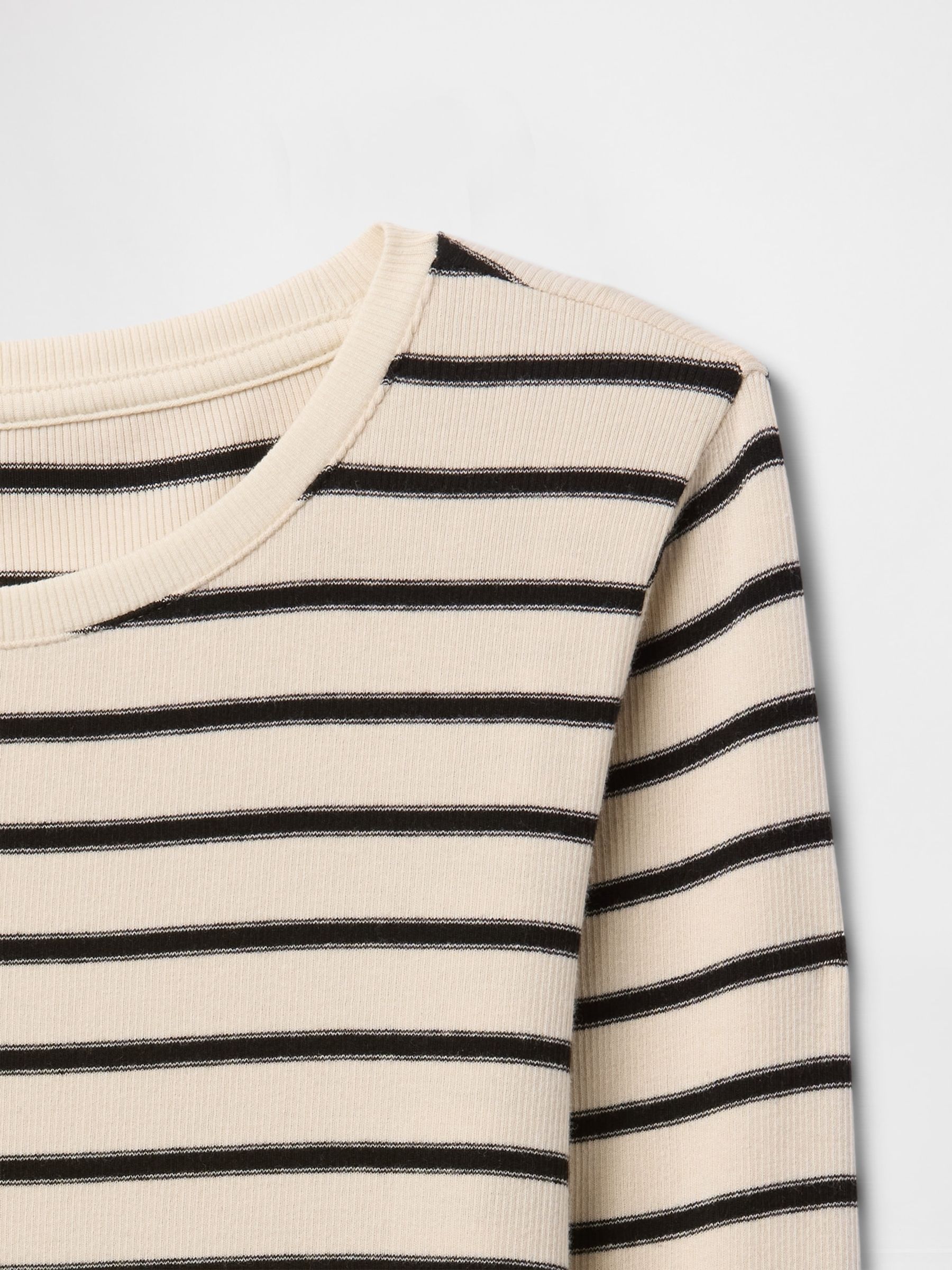Cream Stripe Long Sleeve Modern Cotton-Modal Crew Neck T-Shirt - Image 5 of 5