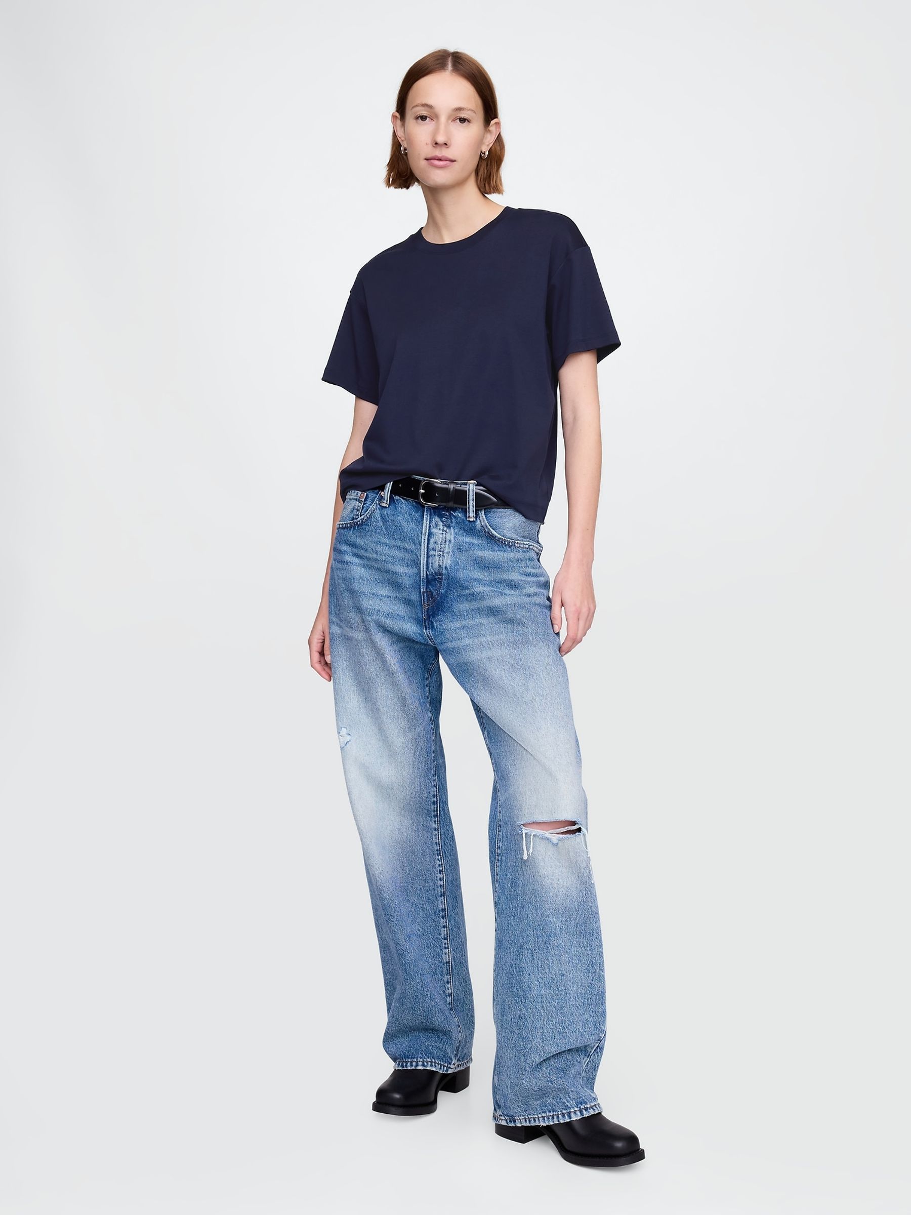Navy Blue Crew Neck Short Sleeve Oversized T-Shirt - Image 3 of 4
