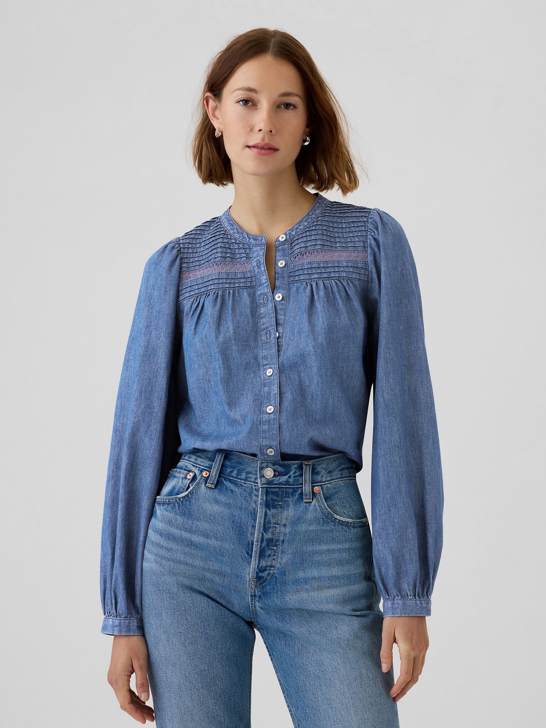 Blue Puff-Sleeve Lace-Trim Denim Shirt - Image 1 of 5