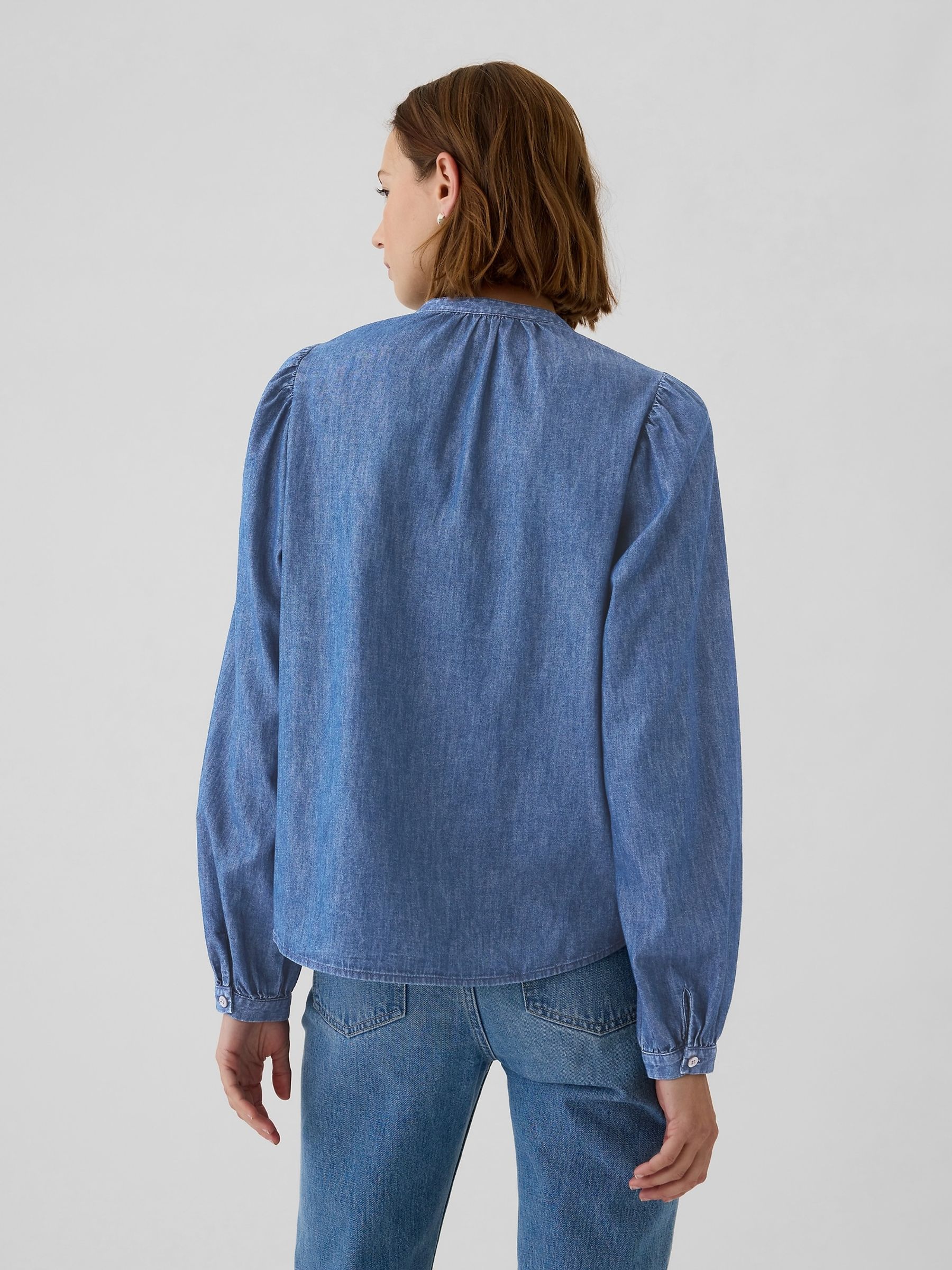 Blue Puff-Sleeve Lace-Trim Denim Shirt - Image 2 of 5