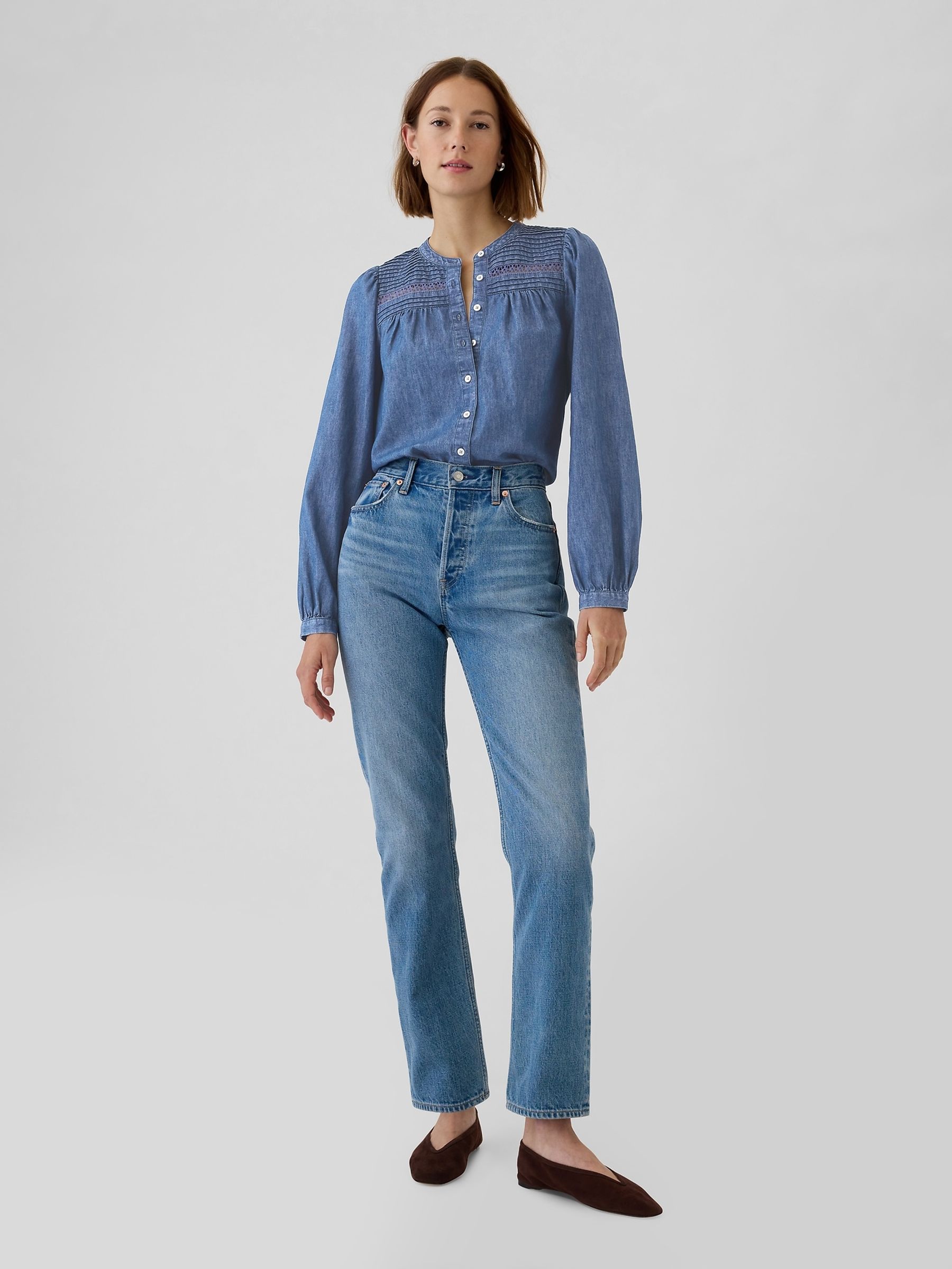 Blue Puff-Sleeve Lace-Trim Denim Shirt - Image 3 of 5